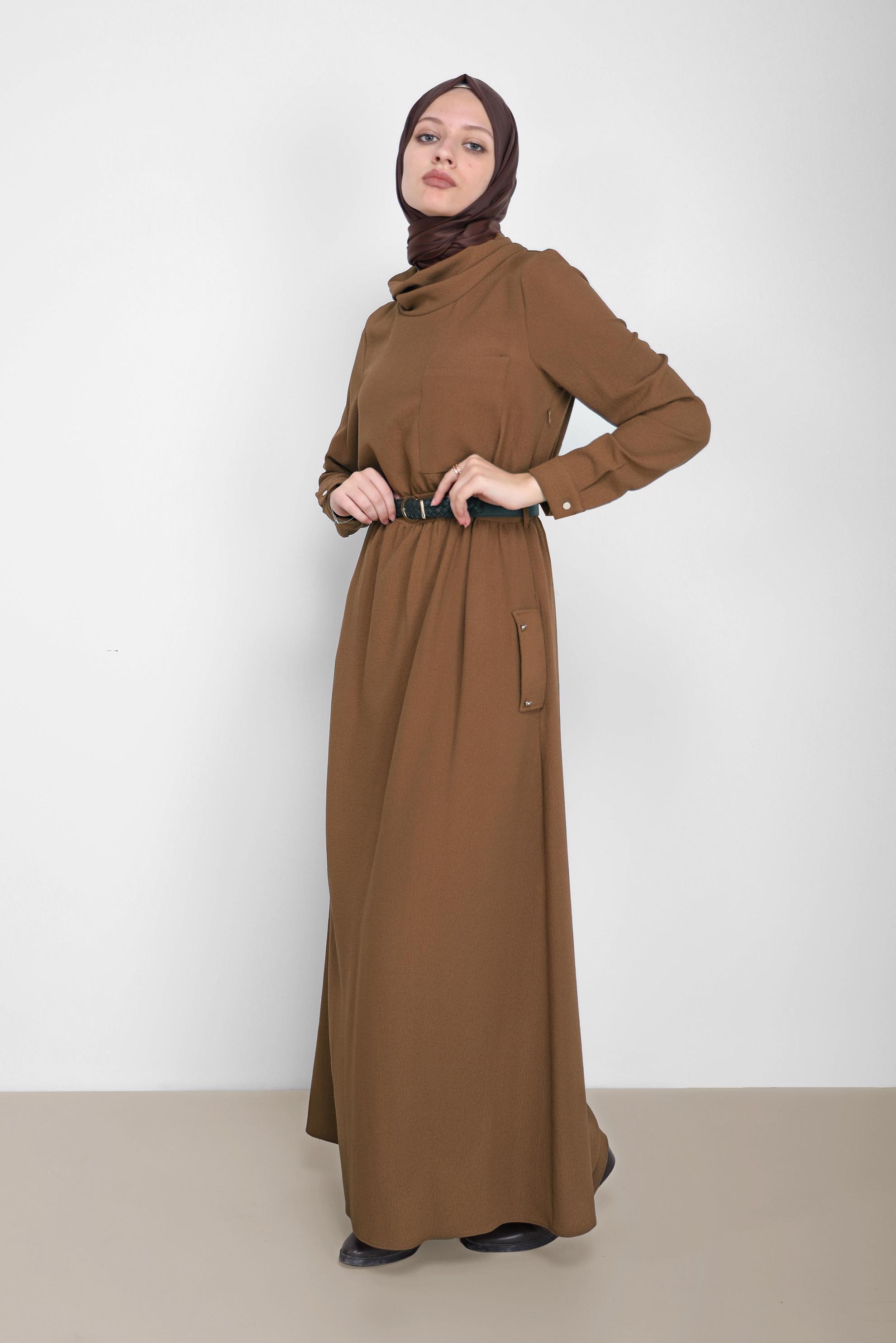 Tesettür giyim TABA DEGAJE YAKA CEP DETAYLI ELBİSE 42220 