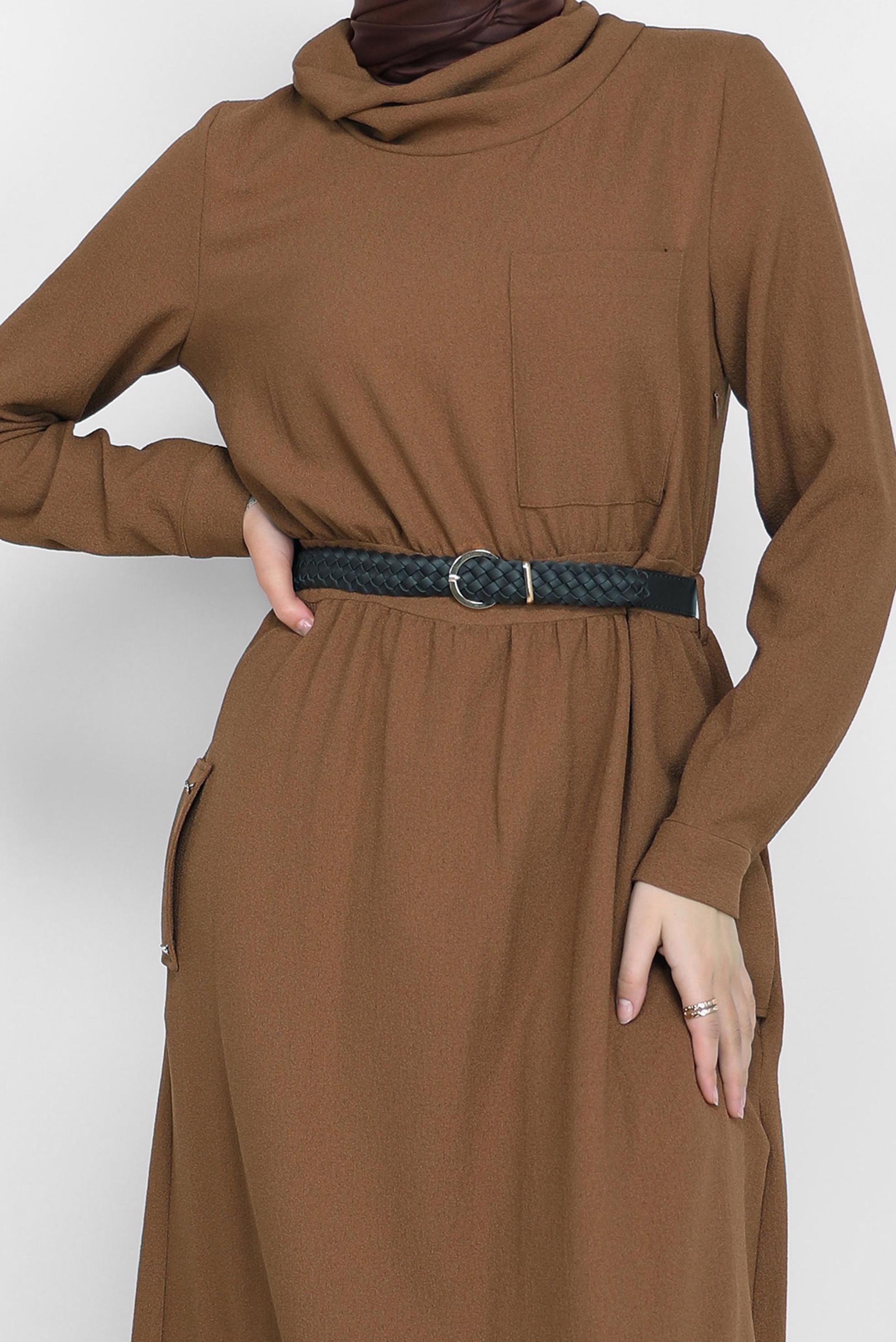 Tesettür giyim TABA DEGAJE YAKA CEP DETAYLI ELBİSE 42220 