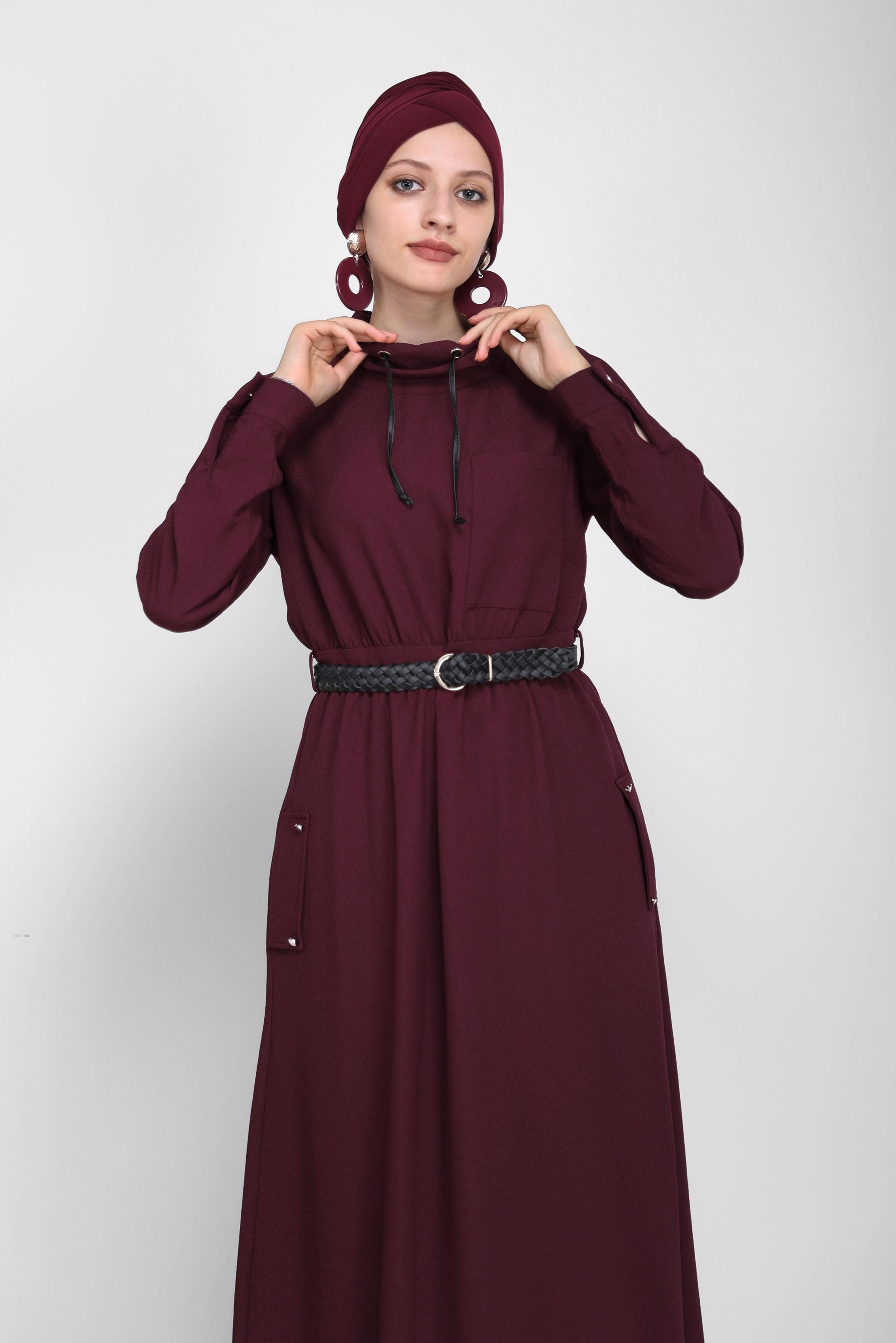 Hijab clothing CLARET RED COWL NECK POCKET DETAIL DRESS 42220 