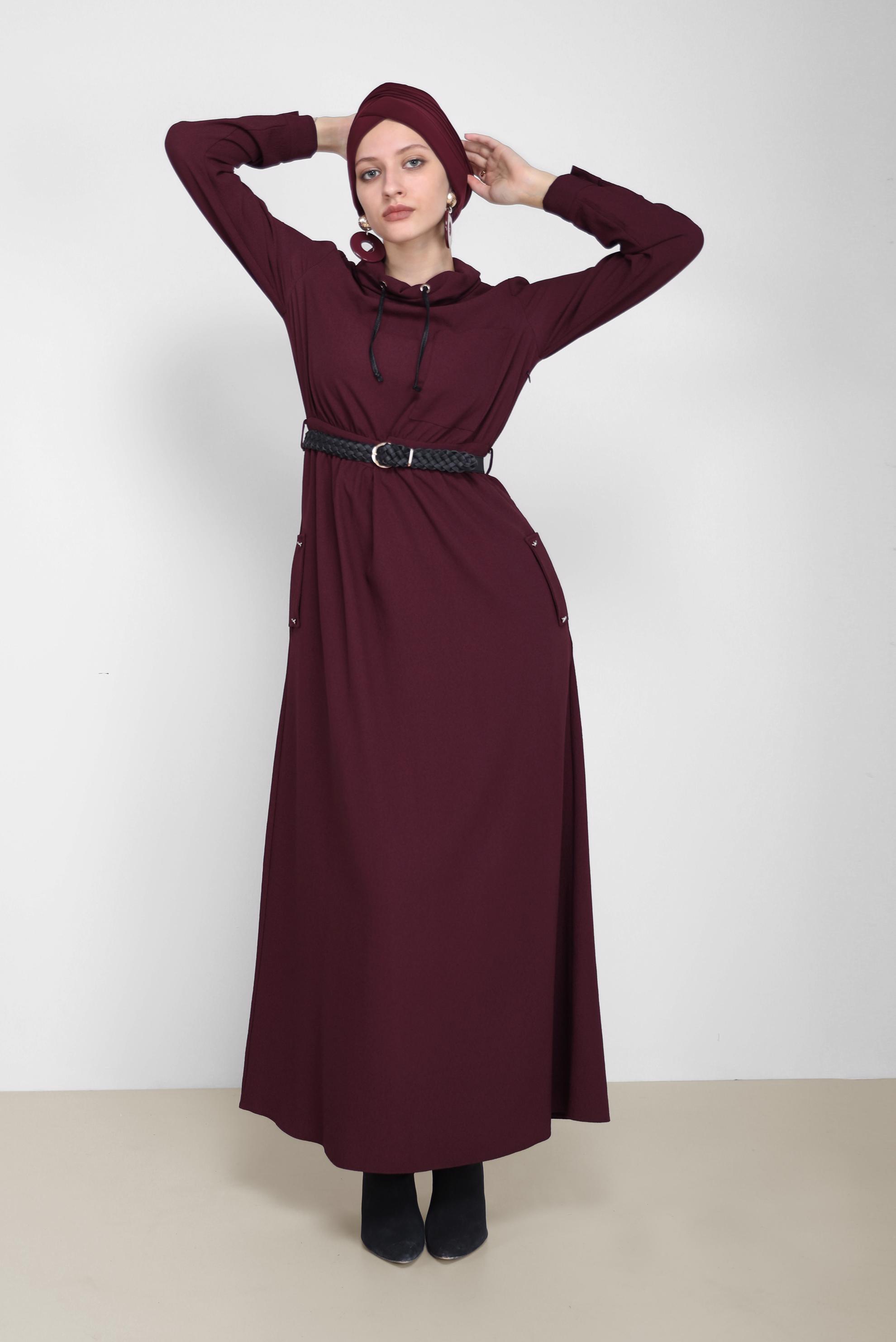 Hijab clothing CLARET RED COWL NECK POCKET DETAIL DRESS 42220 