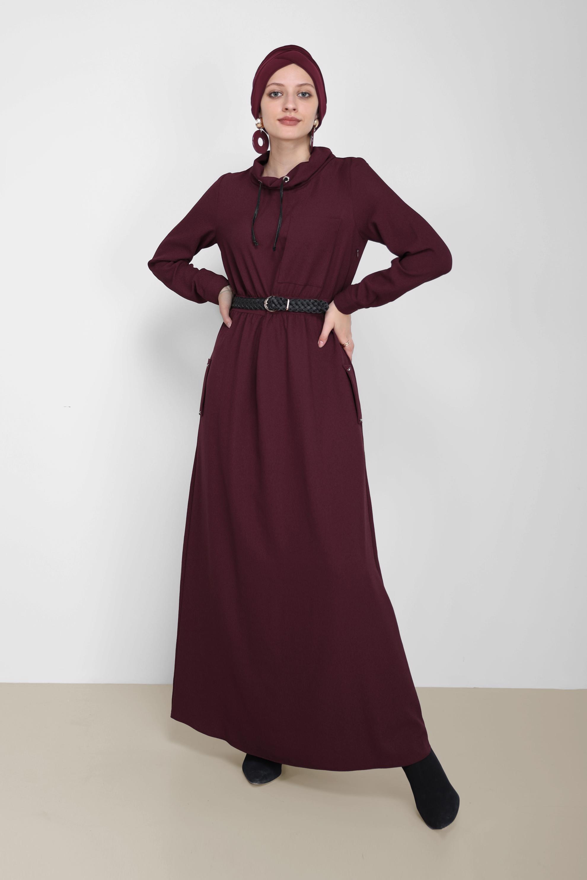 Hijab clothing CLARET RED COWL NECK POCKET DETAIL DRESS 42220 