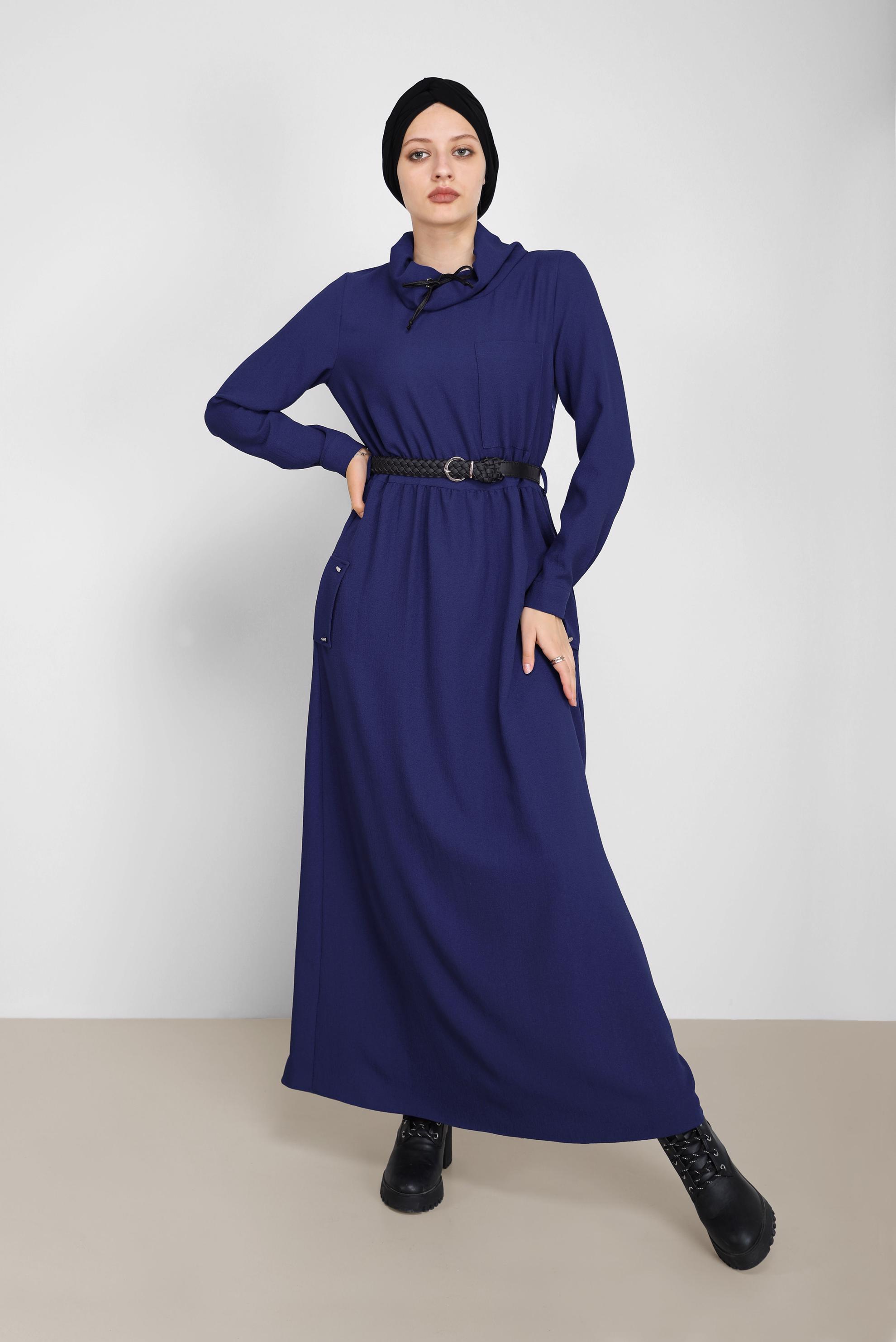 Hijab clothing BLUE COWL NECK POCKET DETAIL DRESS 42220 