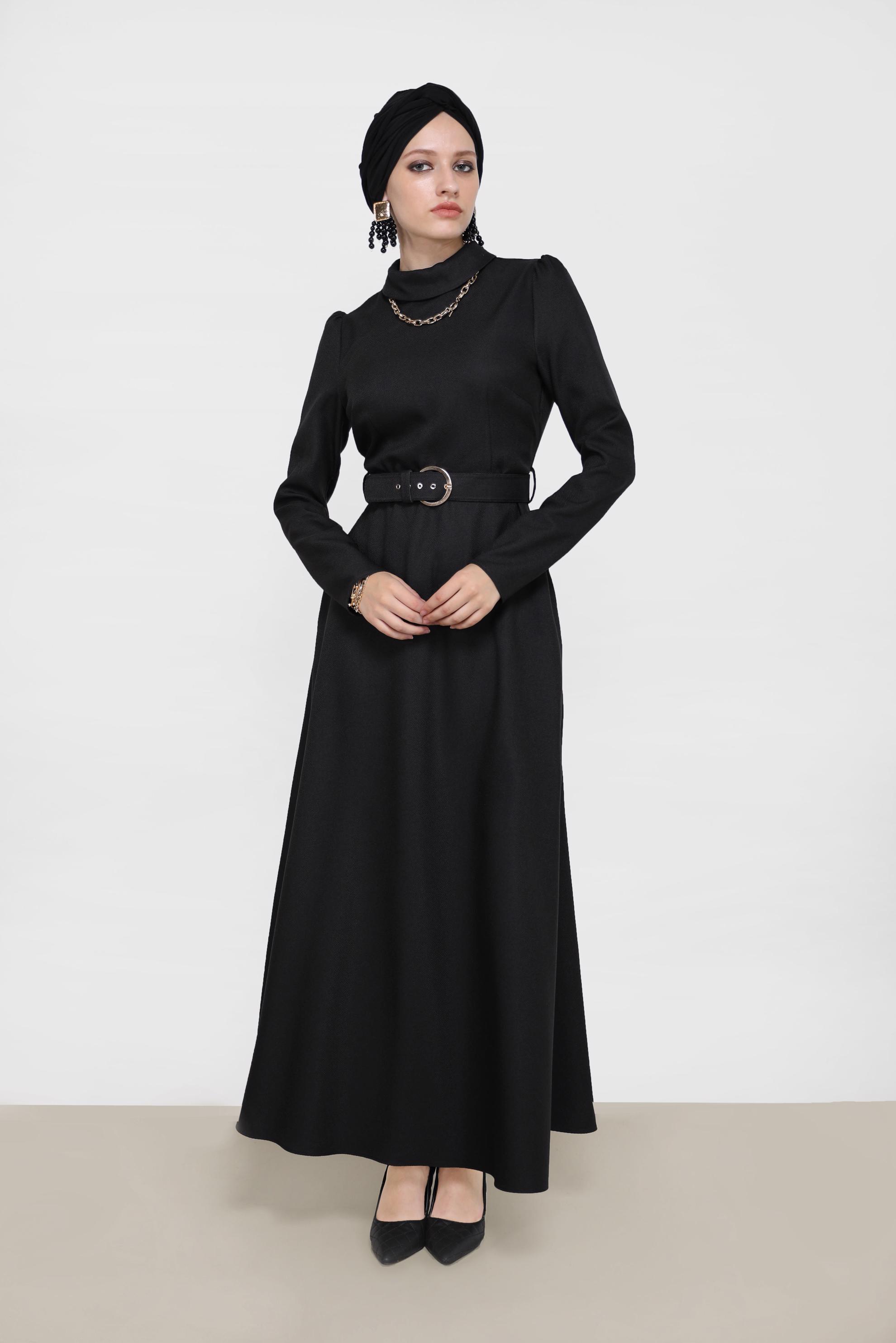 Vêtements hijab NOIR ROBE ZIPPÉE DÉTAIL CEINTURE 42221