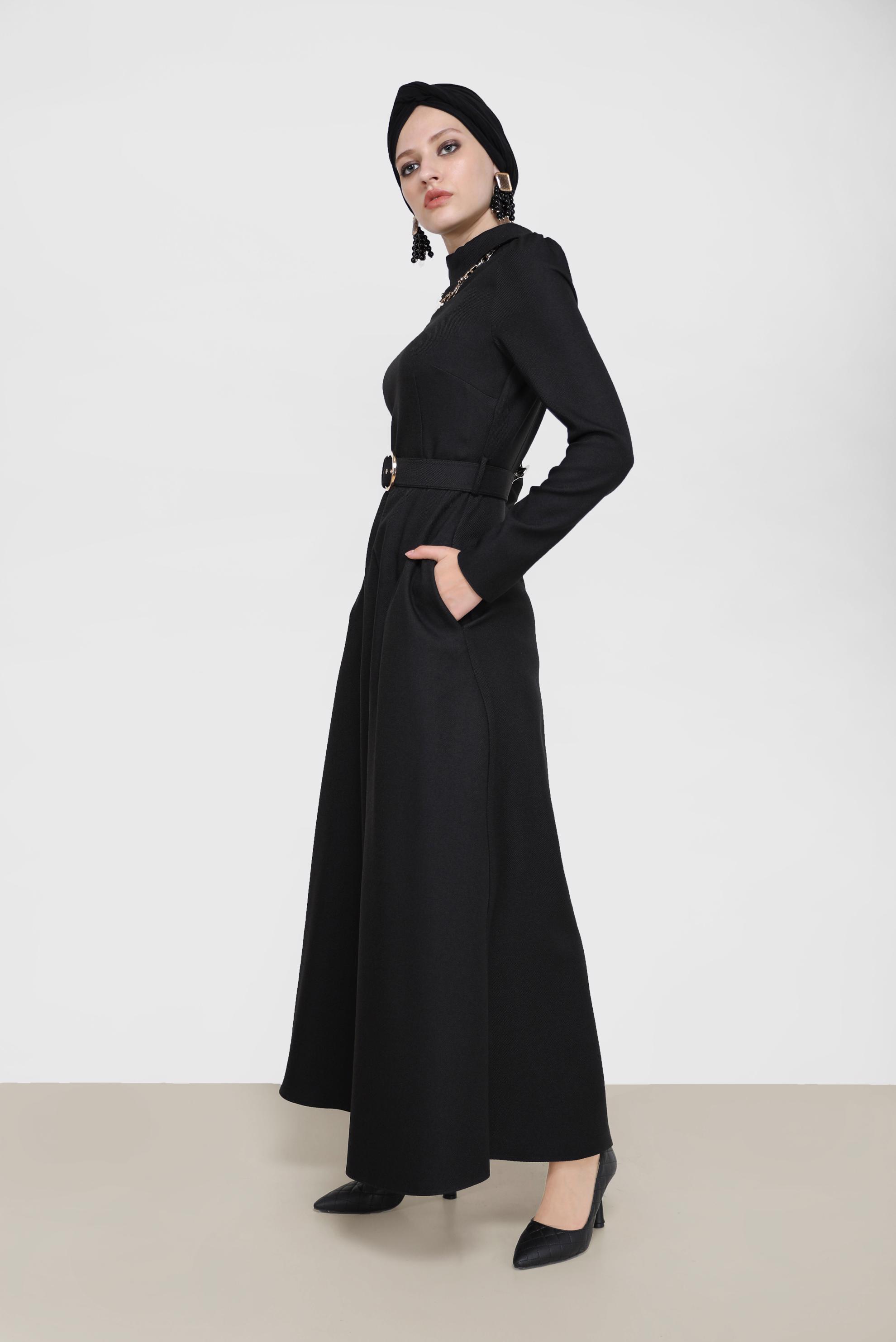 Vêtements hijab NOIR ROBE ZIPPÉE DÉTAIL CEINTURE 42221