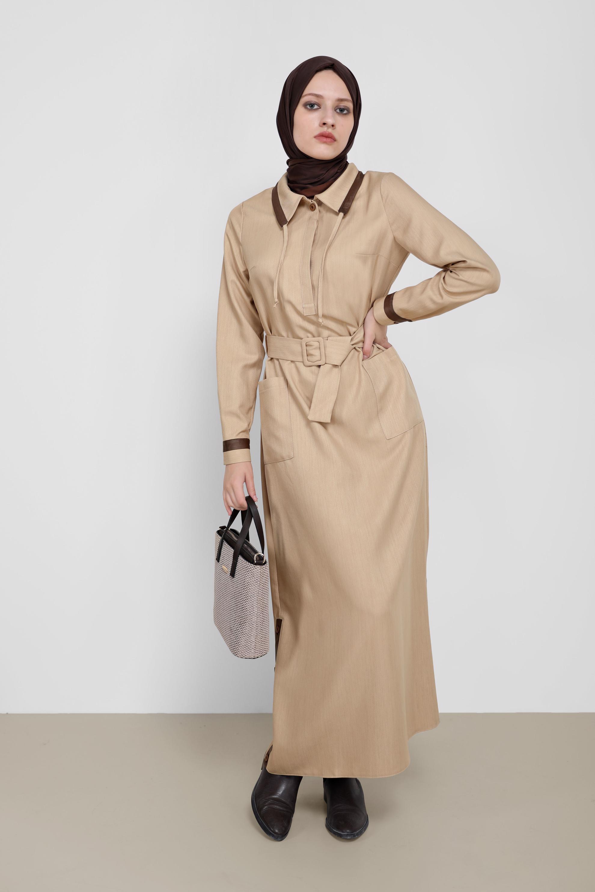 Hijab clothing BROWN BELTED LEATHER DETAIL DRESS 42222 