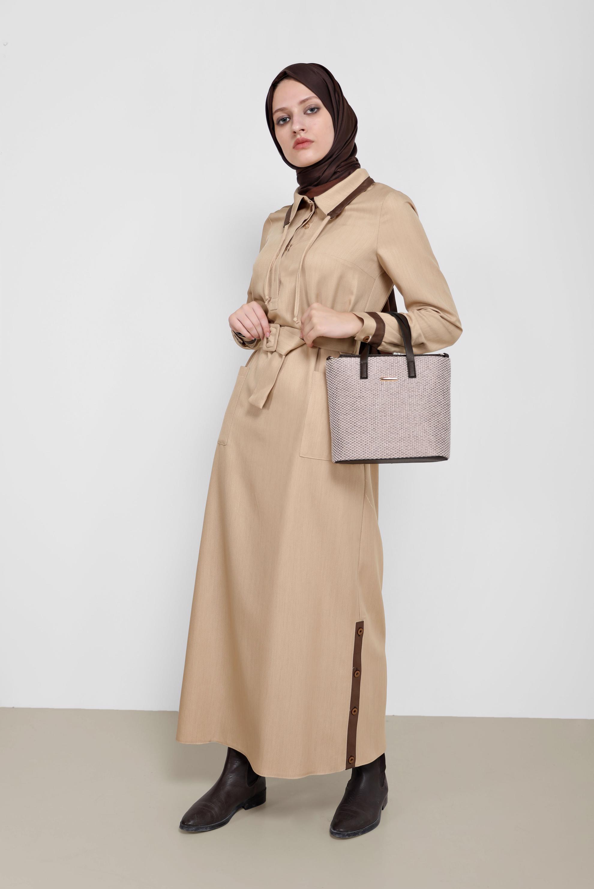 Hijab clothing BROWN BELTED LEATHER DETAIL DRESS 42222 