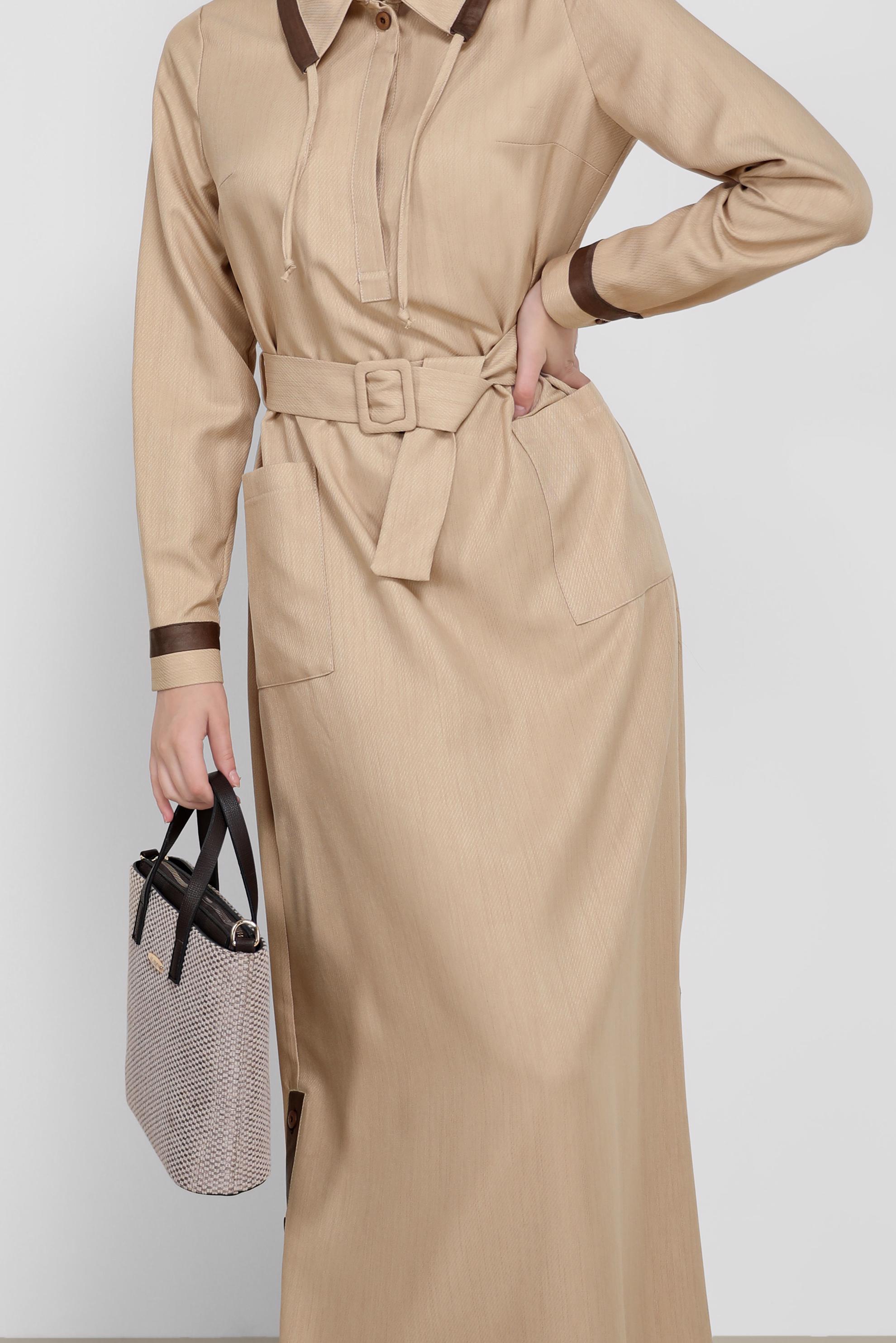 Hijab clothing BROWN BELTED LEATHER DETAIL DRESS 42222 