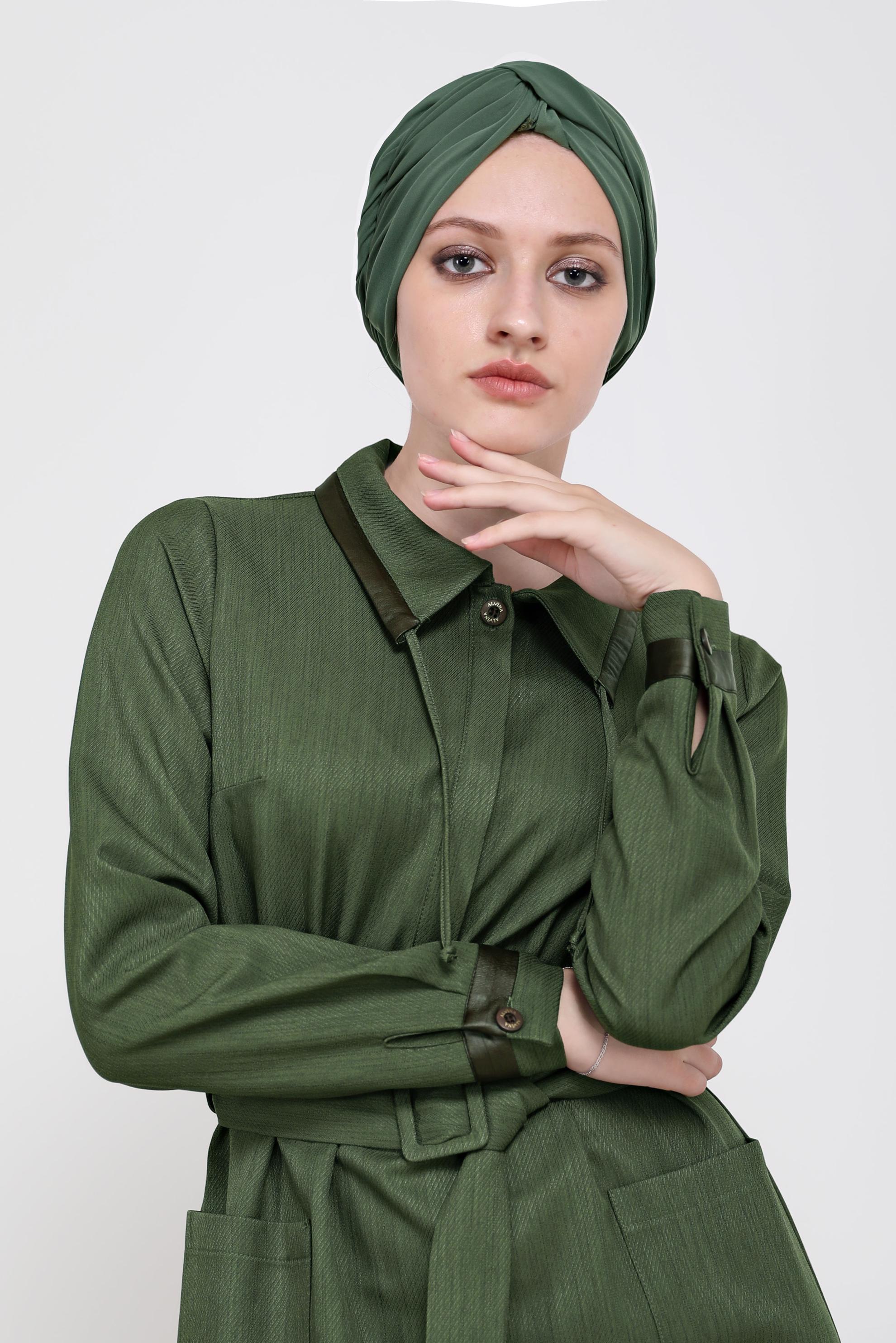 Tesettür giyim HAKİ KEMERLİ DERİ DETAYLI ELBİSE 42222 