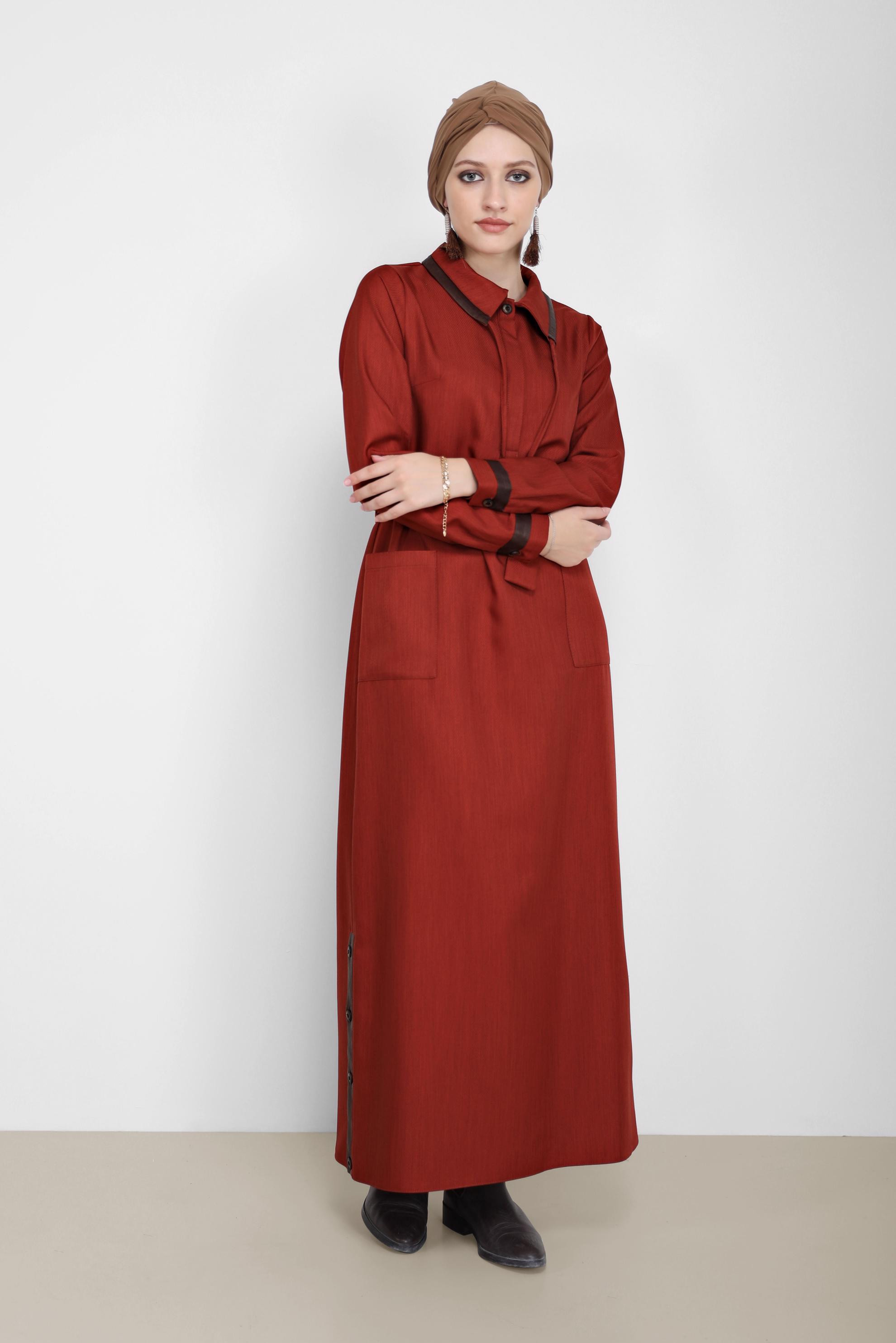 Tesettür giyim TURUNCU KEMERLİ DERİ DETAYLI ELBİSE 42222 