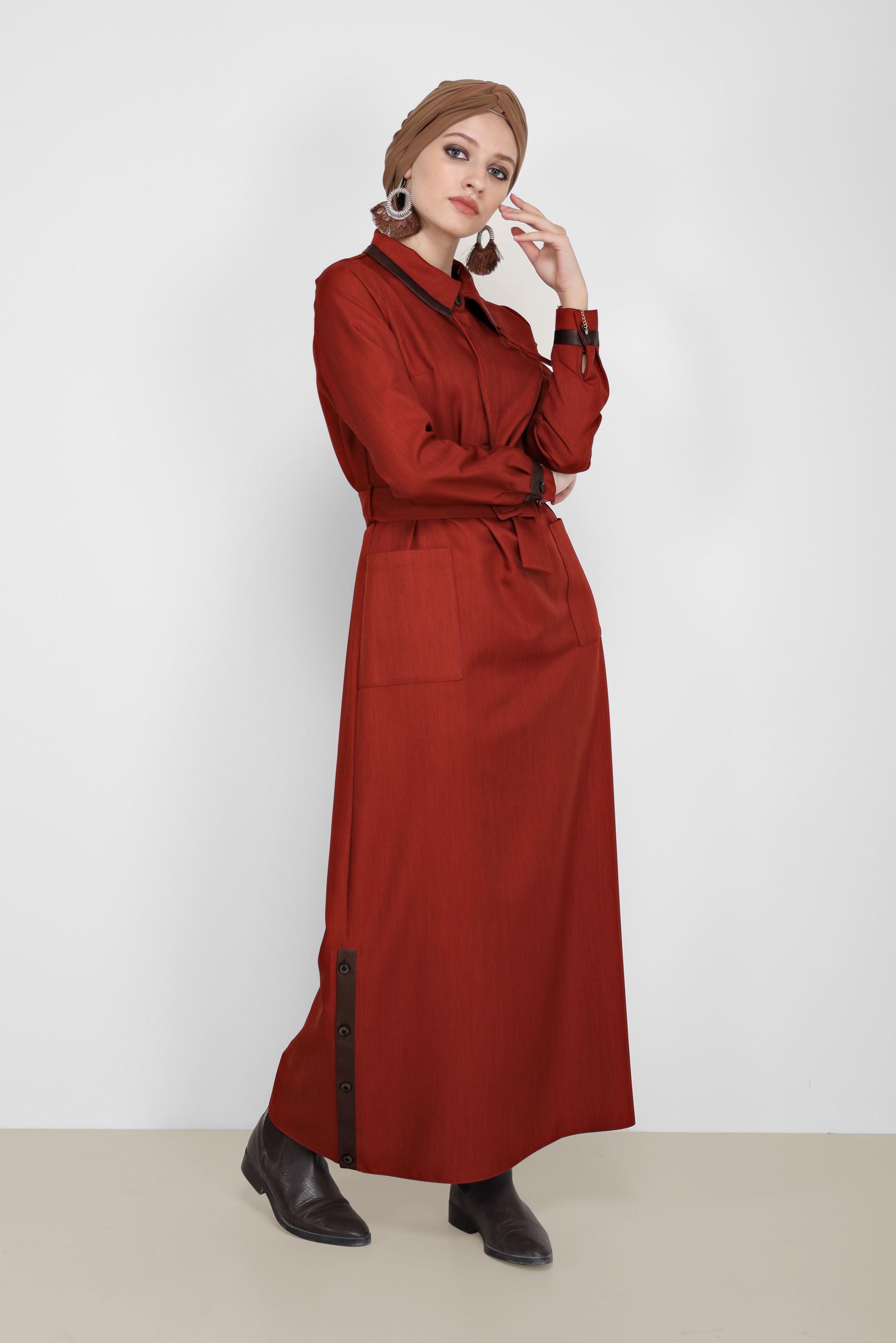 Tesettür giyim TURUNCU KEMERLİ DERİ DETAYLI ELBİSE 42222 