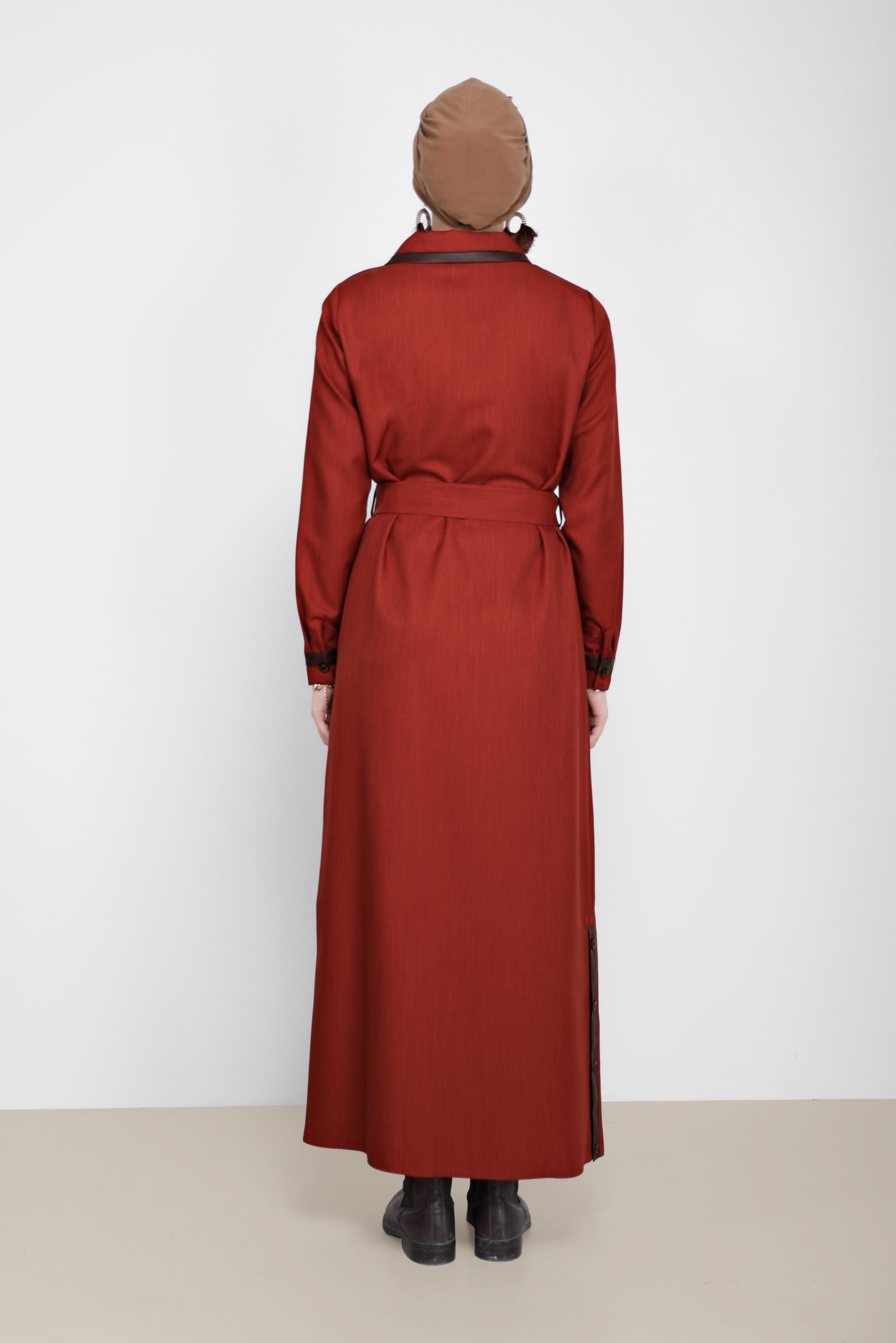 Tesettür giyim TURUNCU KEMERLİ DERİ DETAYLI ELBİSE 42222 