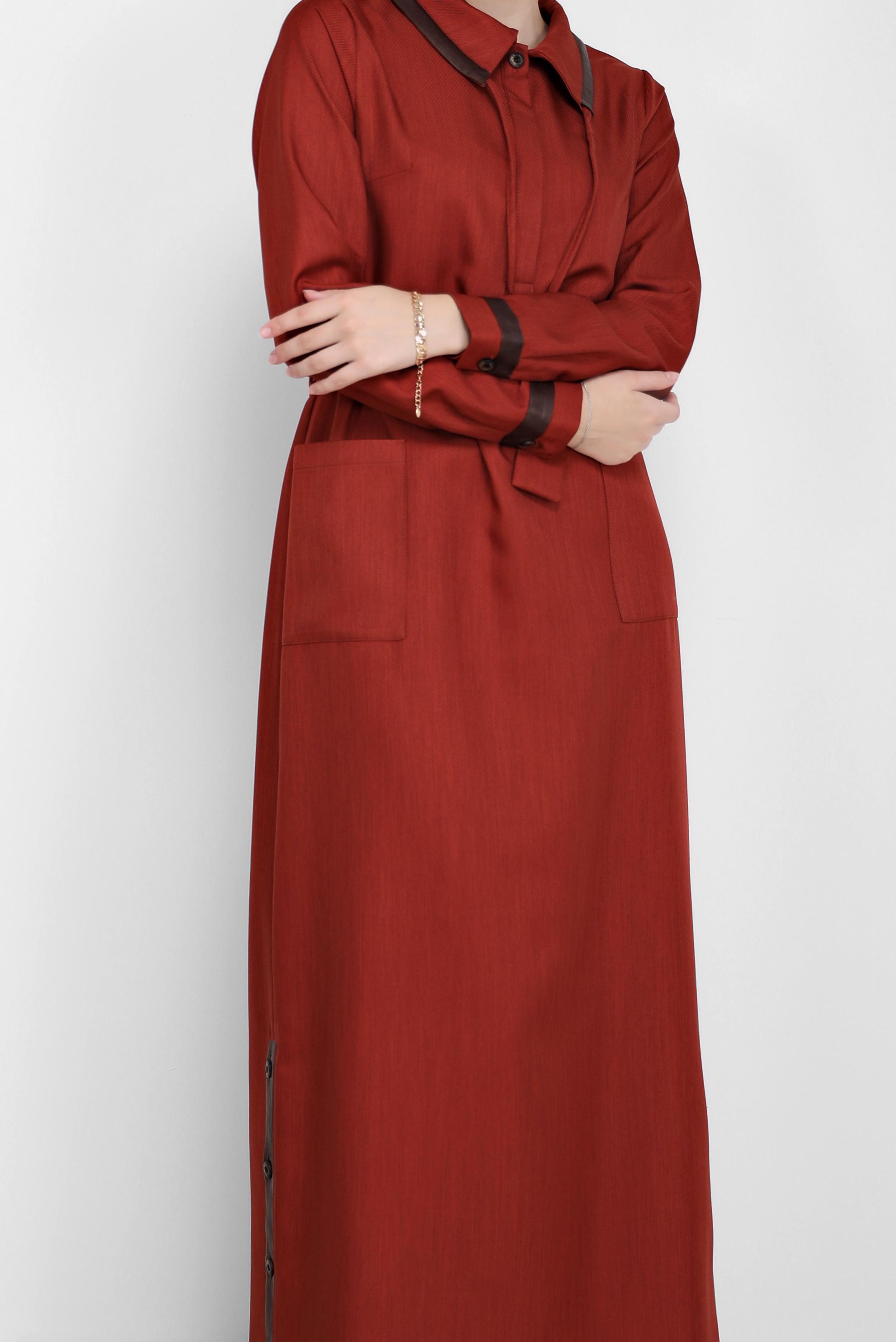 Tesettür giyim TURUNCU KEMERLİ DERİ DETAYLI ELBİSE 42222 