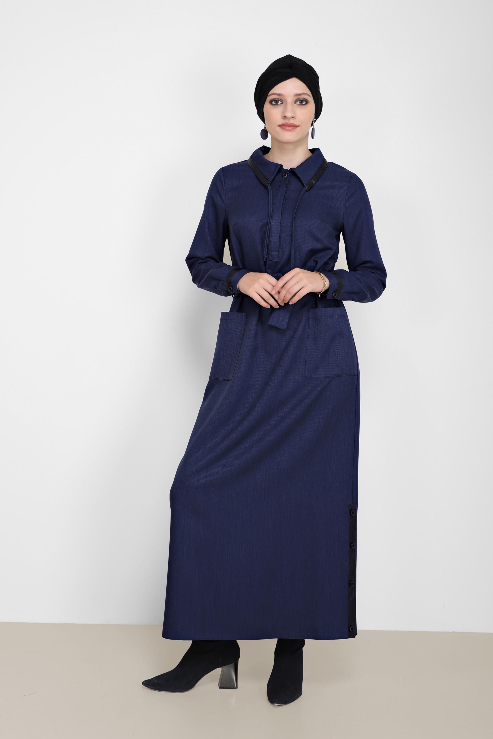 Hijab clothing NAVY BLUE BELTED LEATHER DETAIL DRESS 42222 