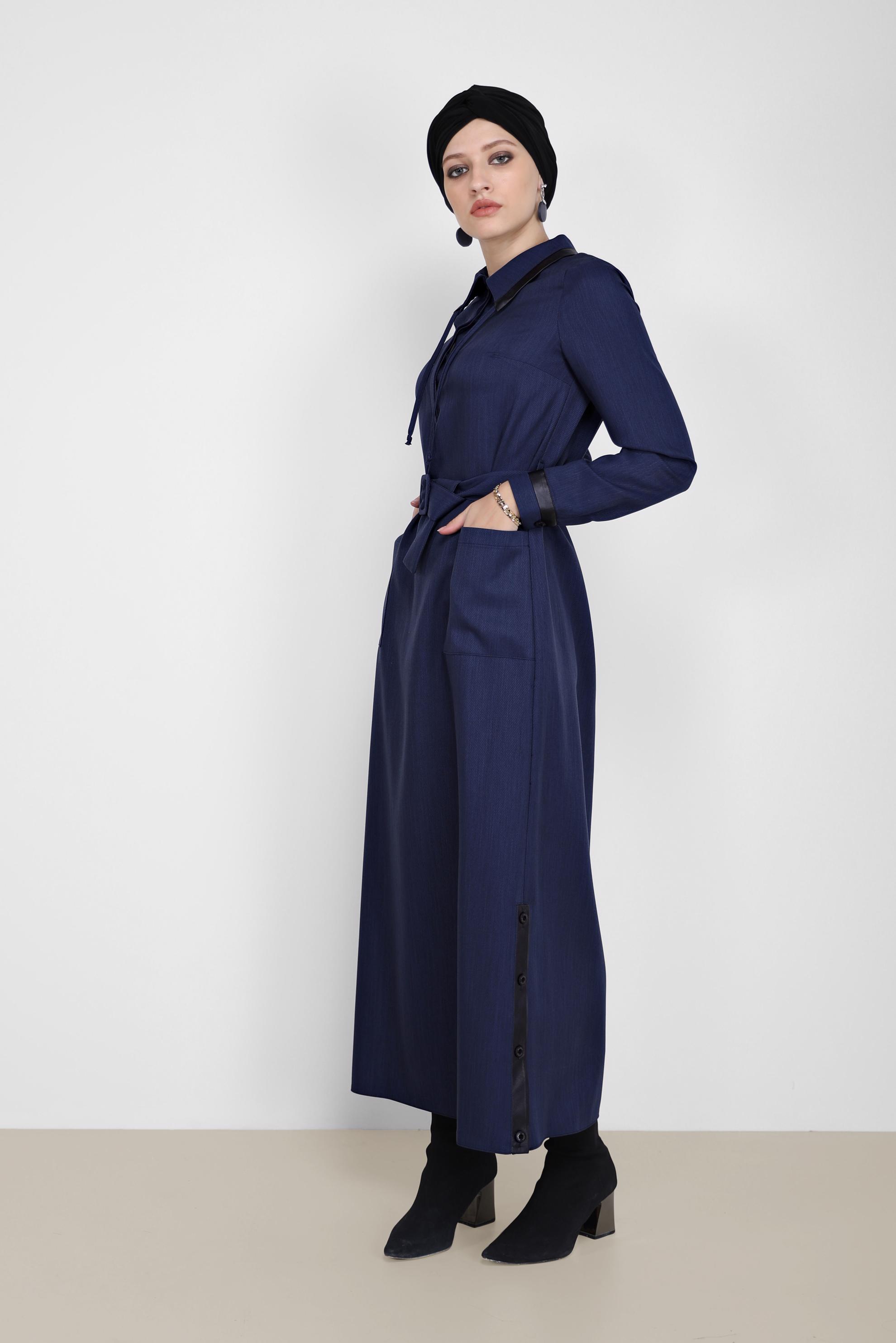 Hijab clothing NAVY BLUE BELTED LEATHER DETAIL DRESS 42222 