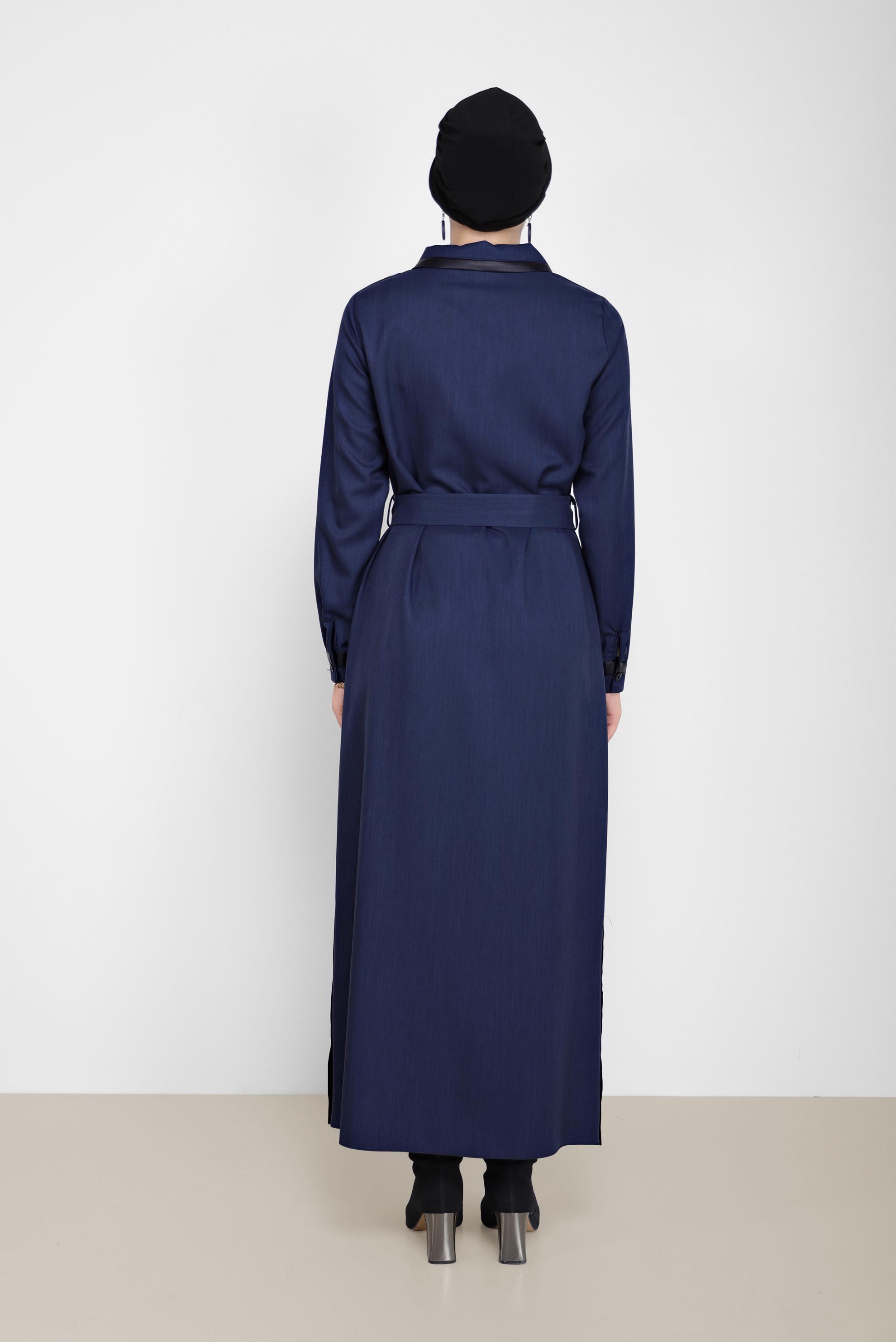 Hijab clothing NAVY BLUE BELTED LEATHER DETAIL DRESS 42222 