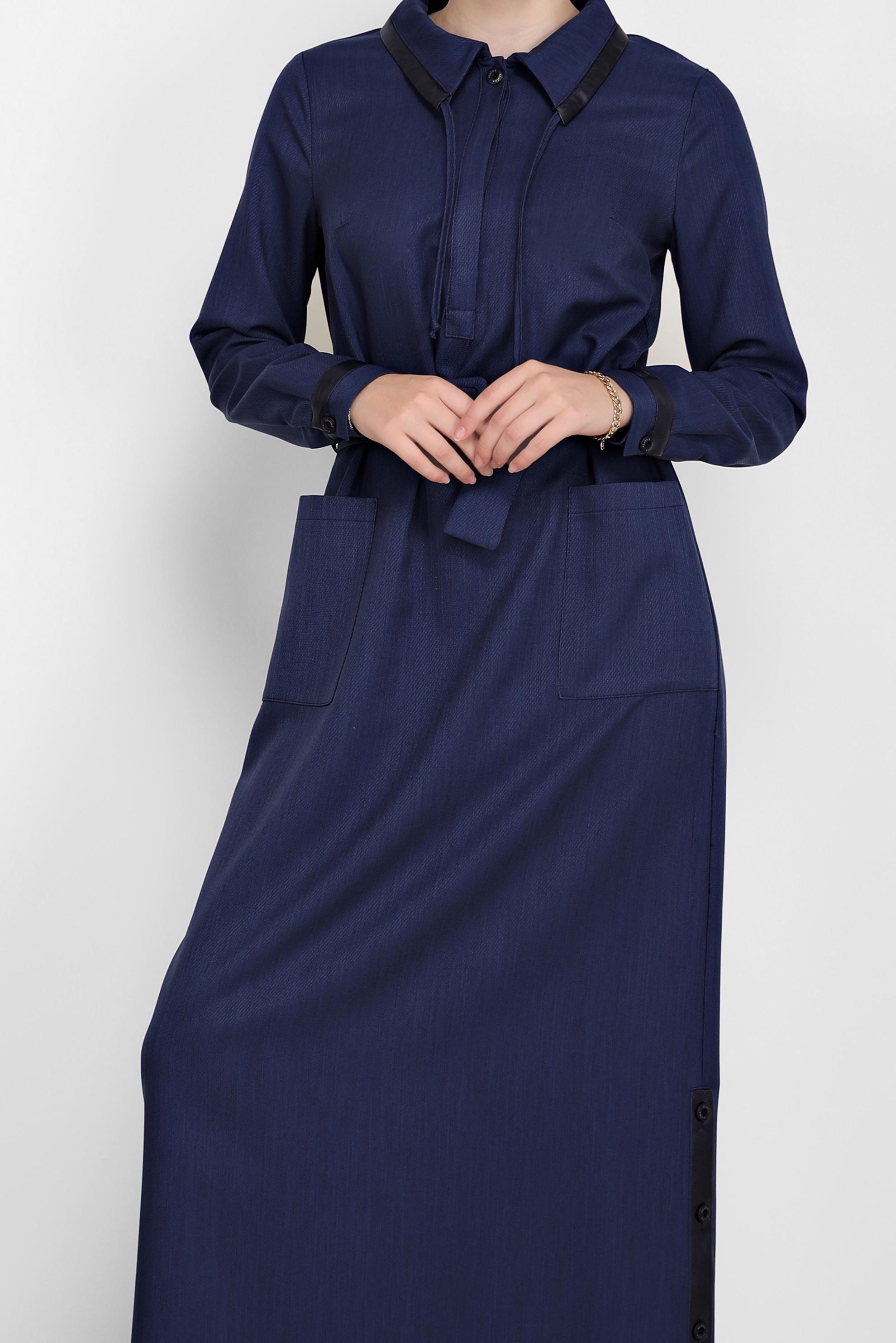 Hijab clothing NAVY BLUE BELTED LEATHER DETAIL DRESS 42222 