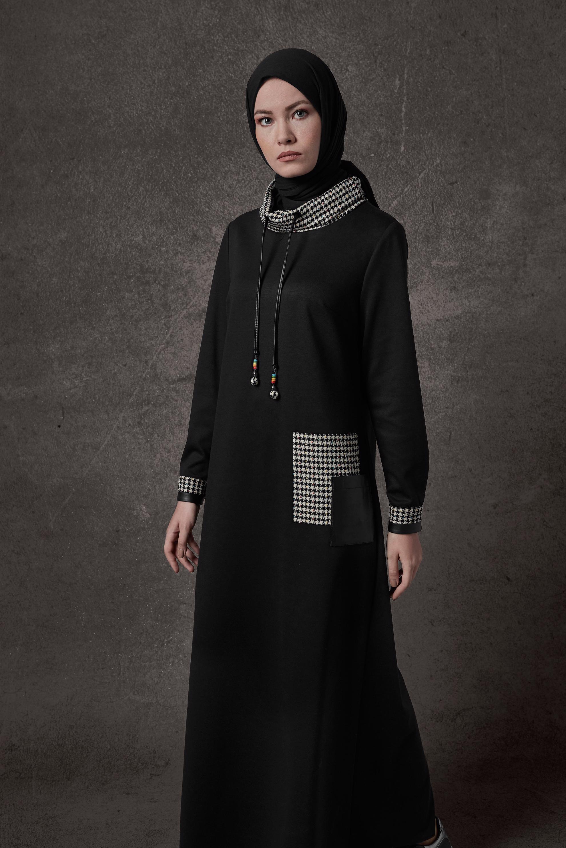 Tesettür giyim SİYAH KAZAYAĞI DETAYLI ELBİSE 42227 