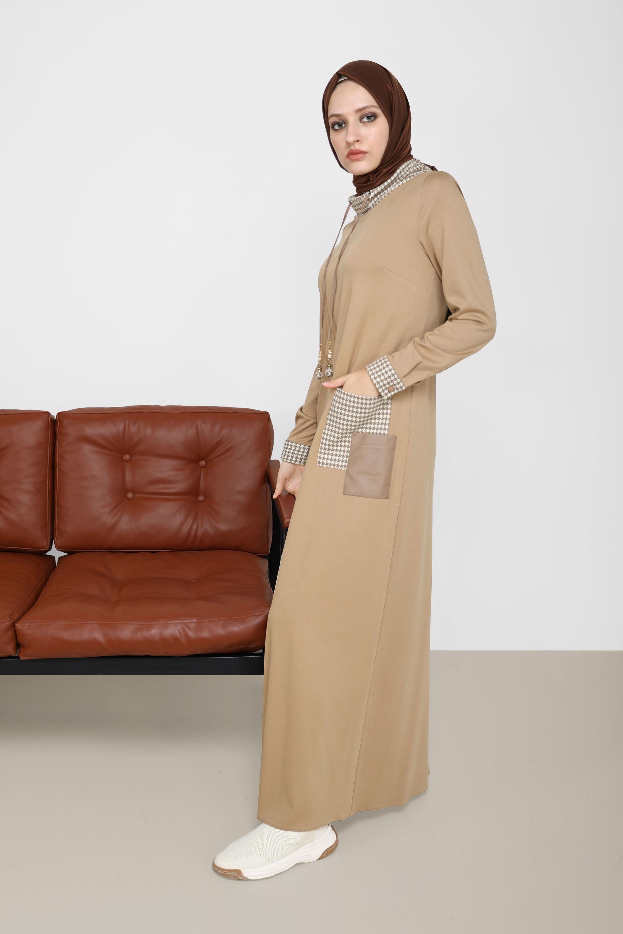 Tesettür giyim TABA KAZAYAĞI DETAYLI ELBİSE 42227 