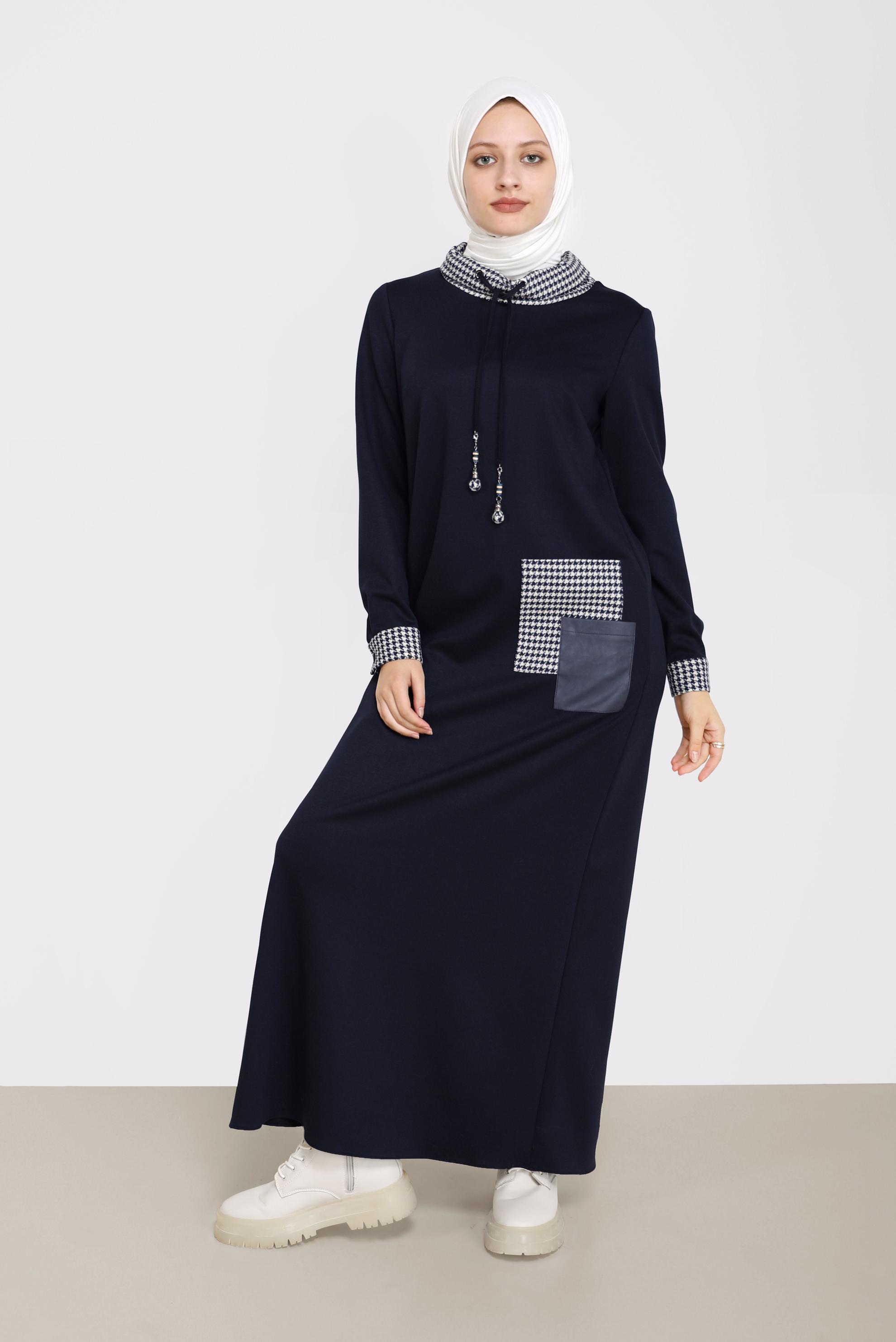 Tesettür giyim LACİVERT KAZAYAĞI DETAYLI ELBİSE 42227 