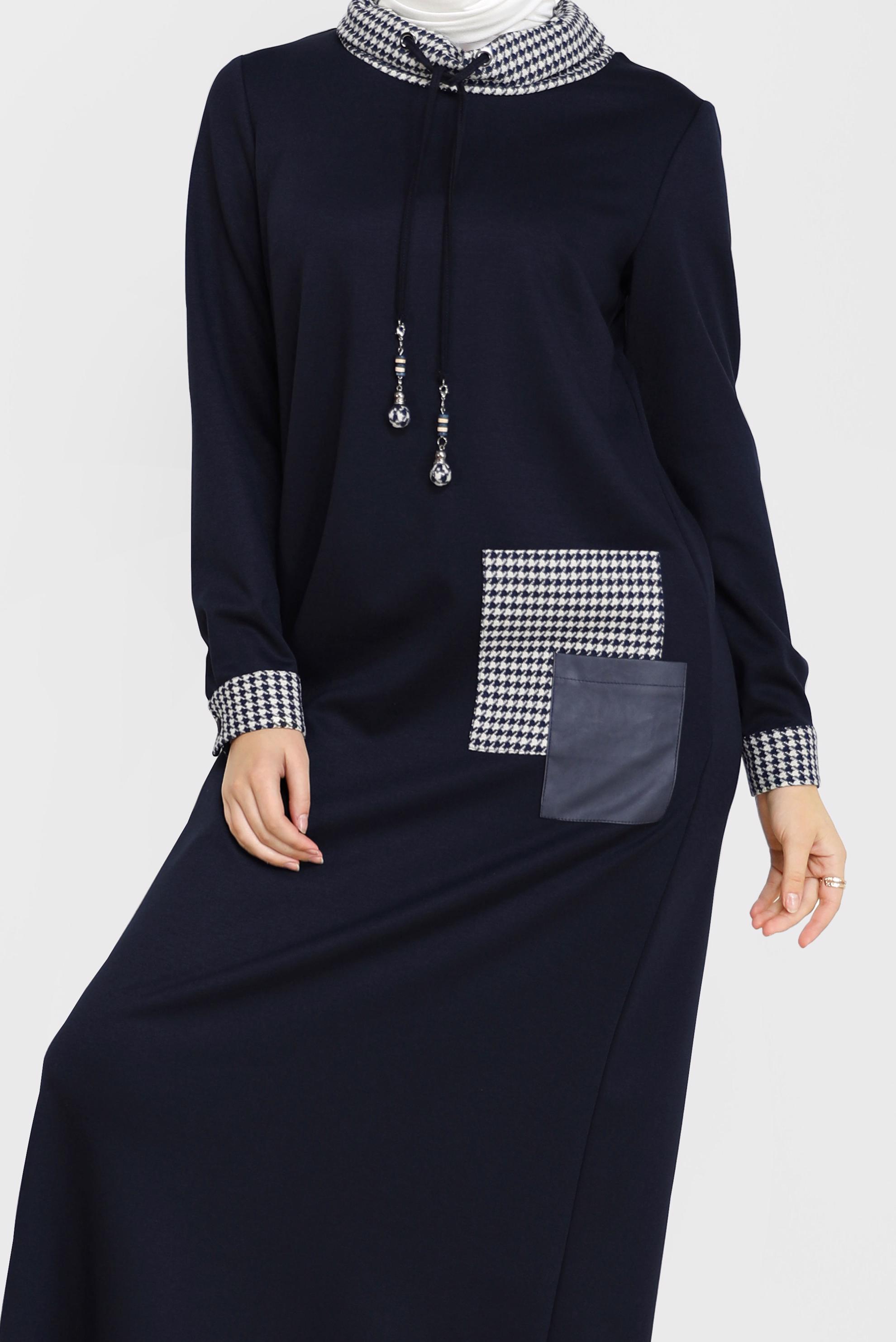 Tesettür giyim LACİVERT KAZAYAĞI DETAYLI ELBİSE 42227 