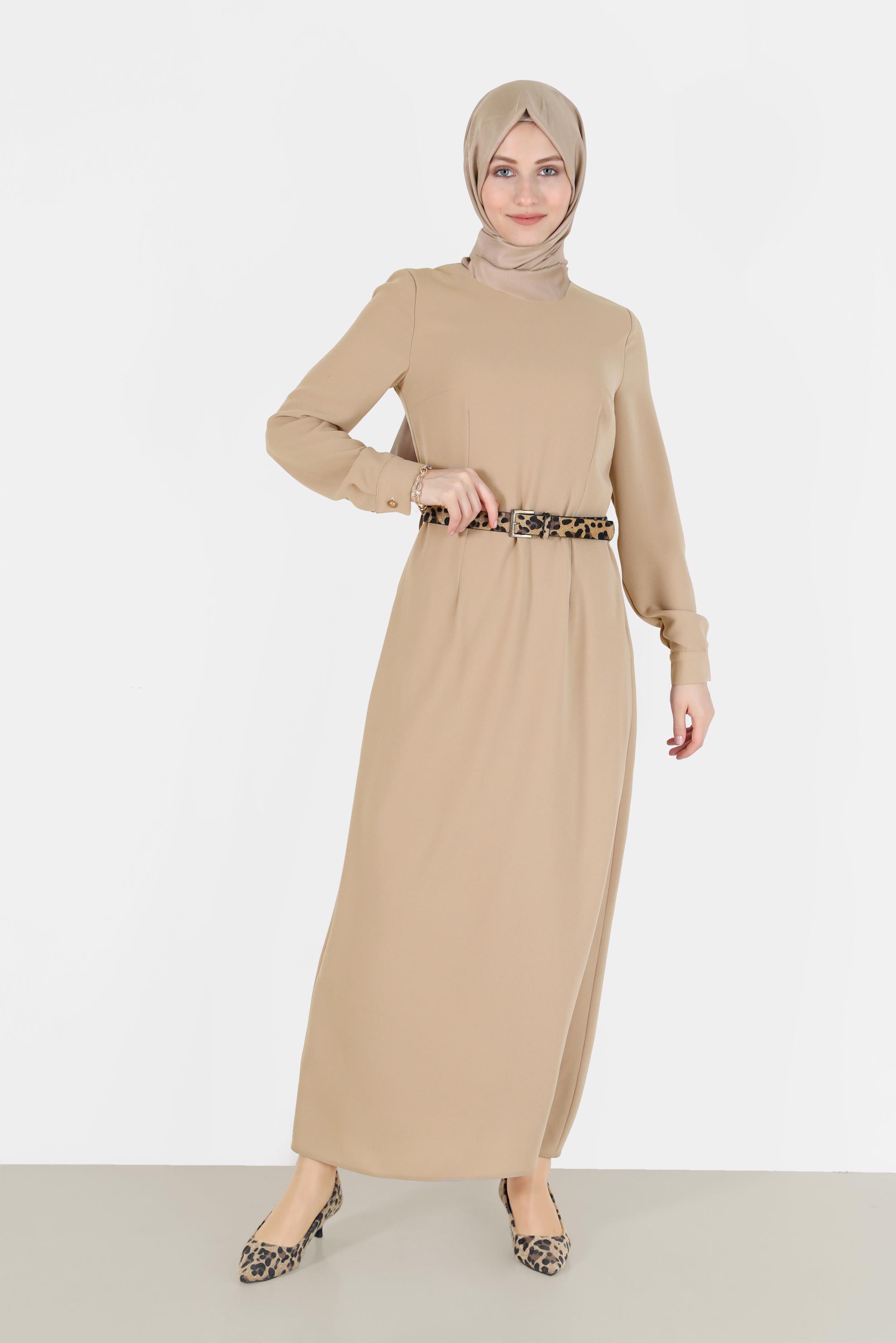 Tesettür giyim BEJ KLASİK KREP ELBİSE 42244 