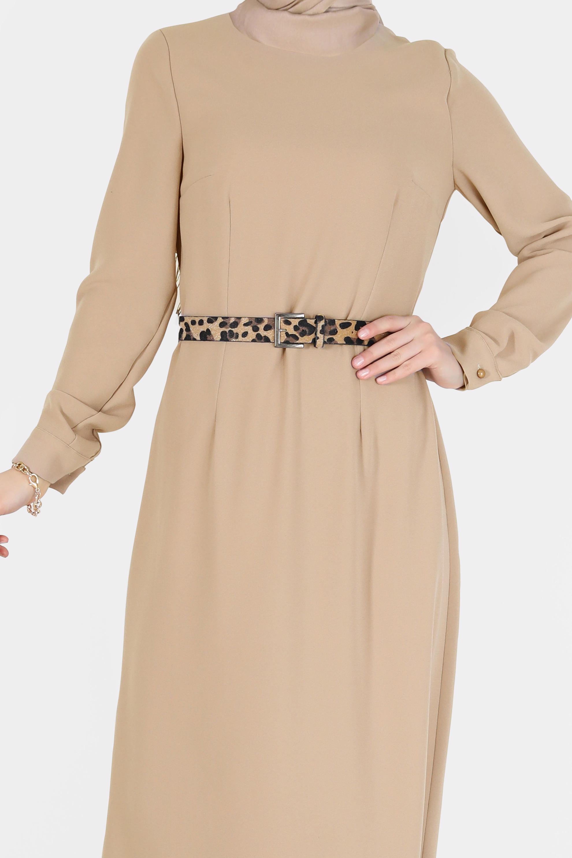 Tesettür giyim BEJ KLASİK KREP ELBİSE 42244 