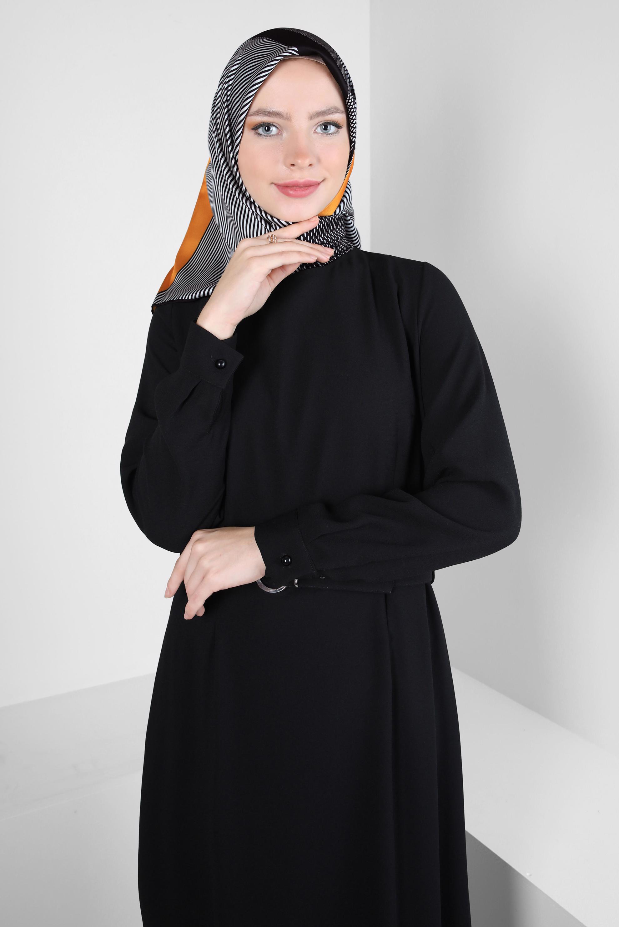Tesettür giyim SİYAH KLASİK KREP ELBİSE 42244 