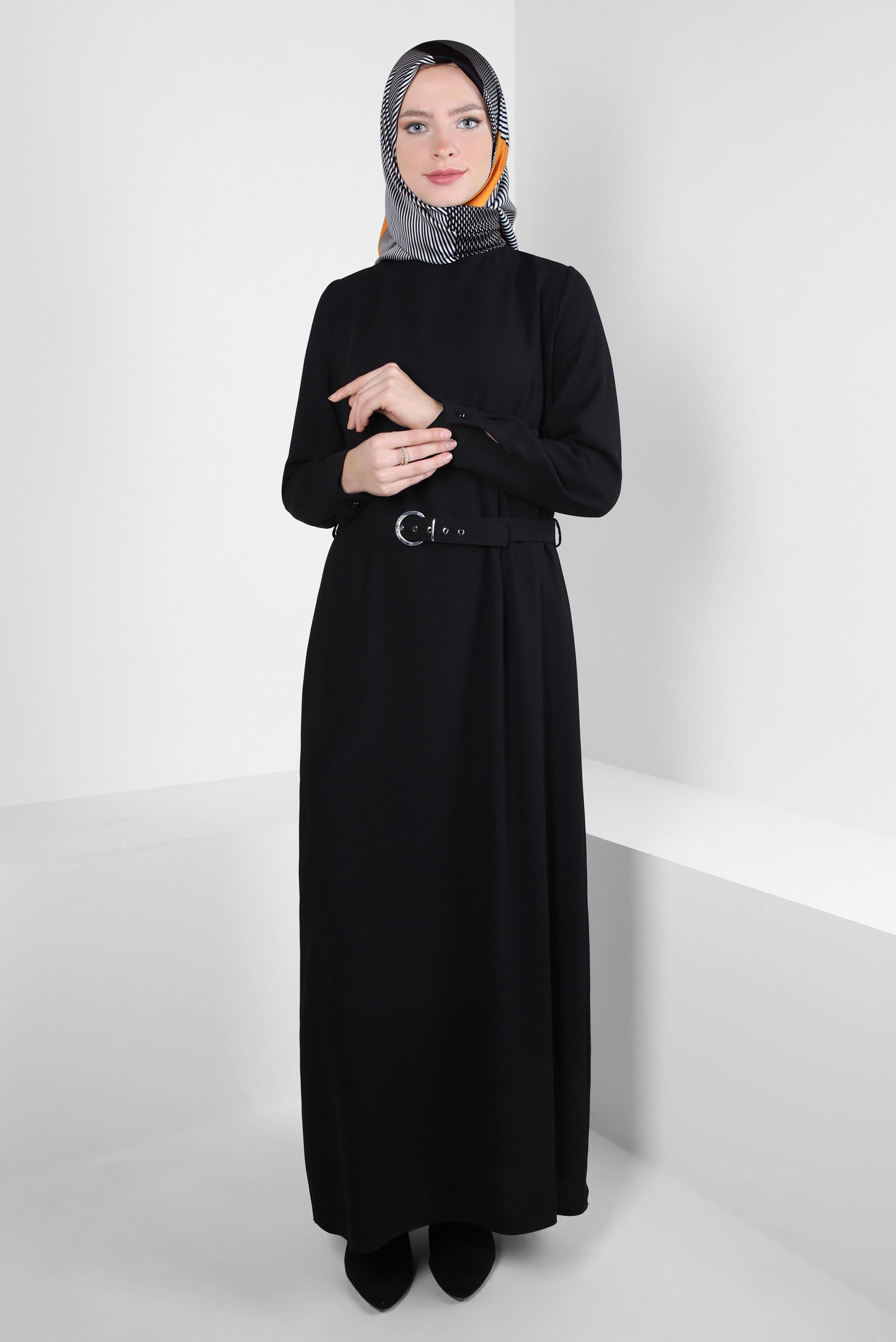 Tesettür giyim SİYAH KLASİK KREP ELBİSE 42244 