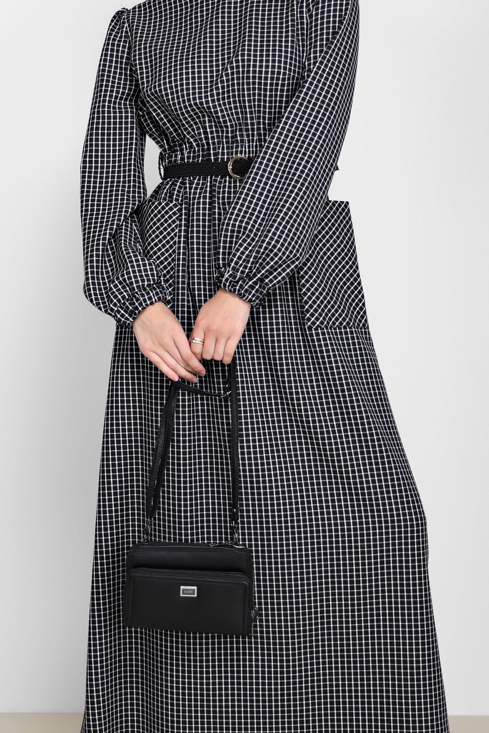 Tesettür giyim SİYAH KARE DESENLİ KEMERLİ ELBİSE 42245 