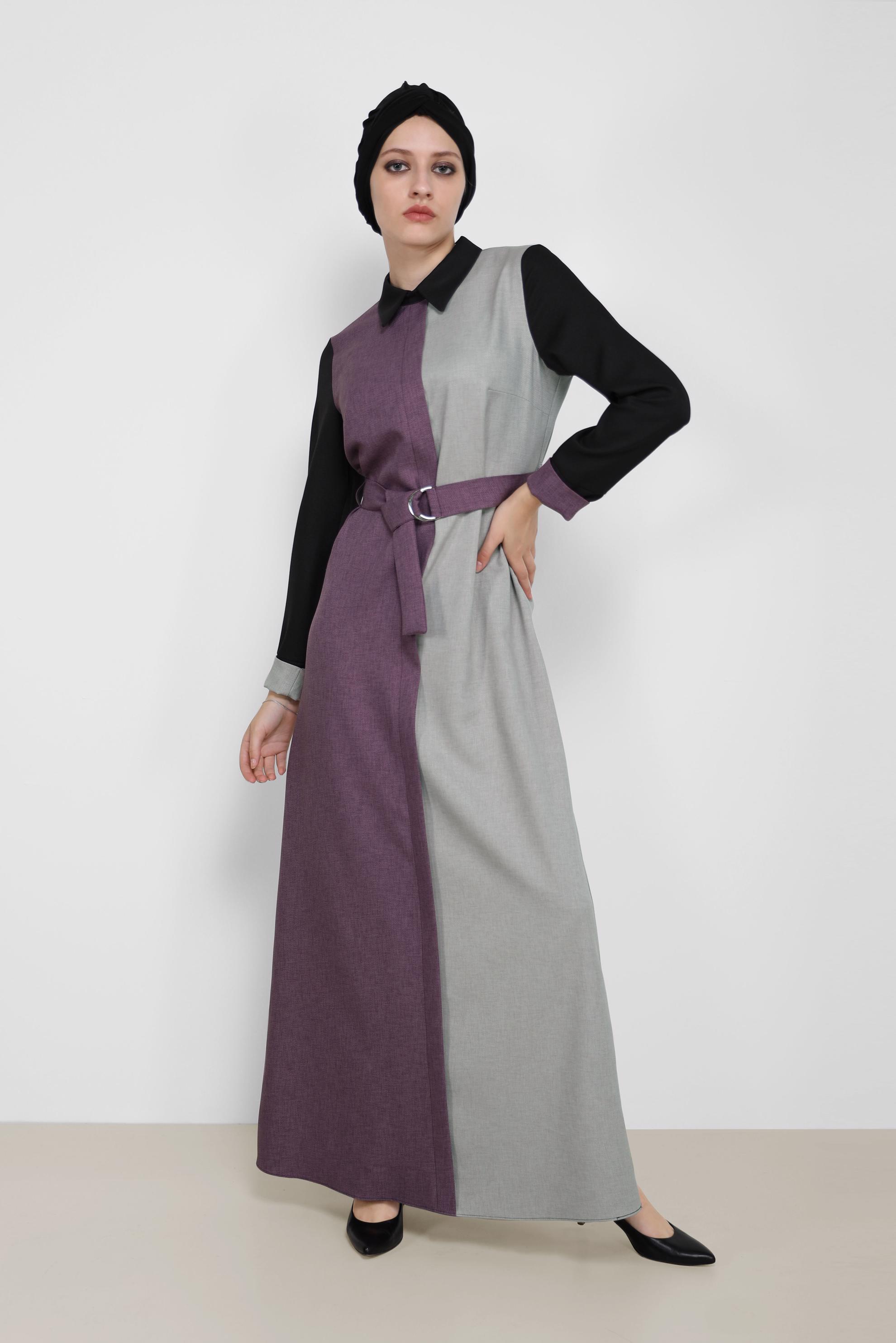 Tesettür giyim SİYAH KEMERLİ 3 RENK ELBİSE 42246 