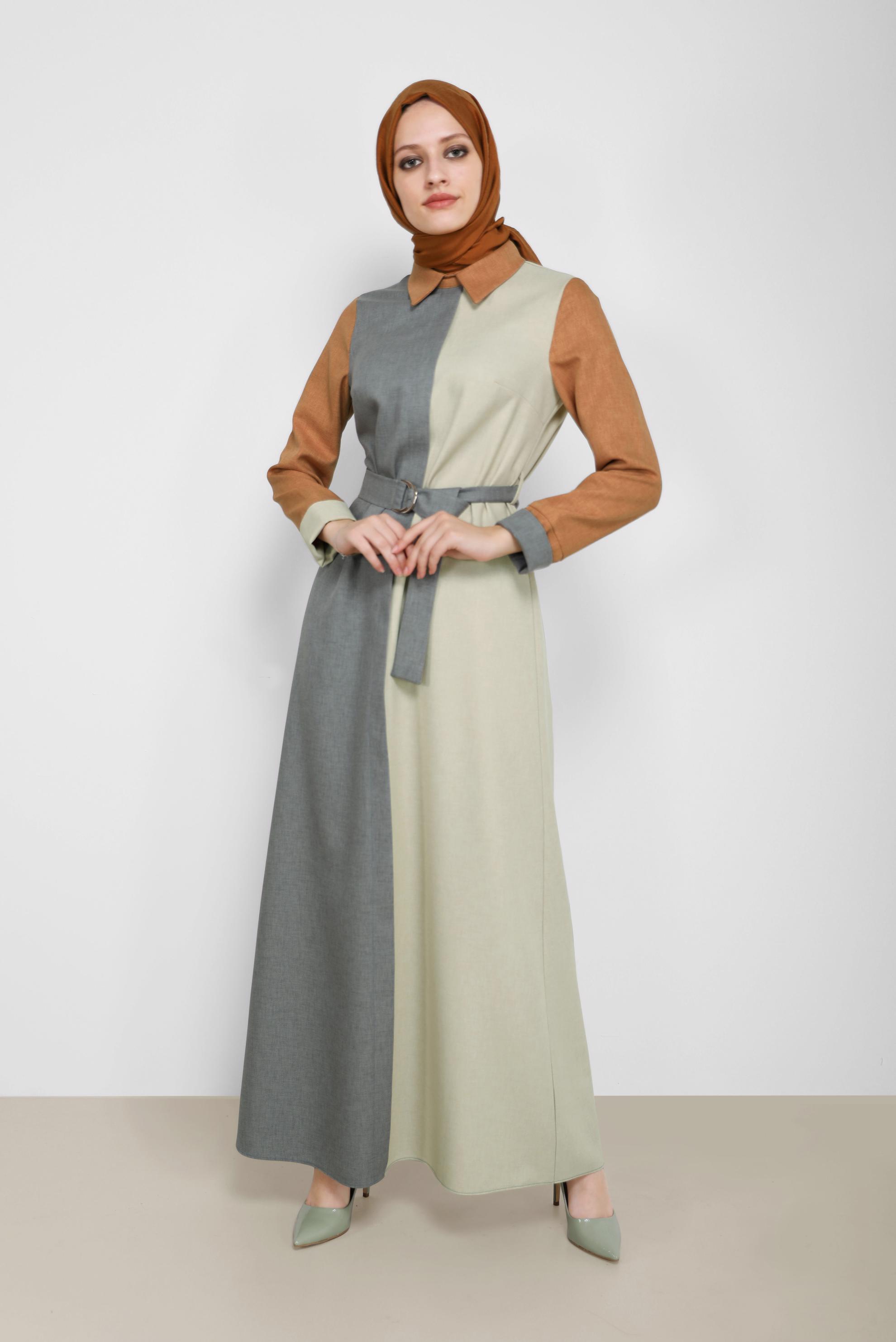 Tesettür giyim HAKİ KEMERLİ 3 RENK ELBİSE 42246 