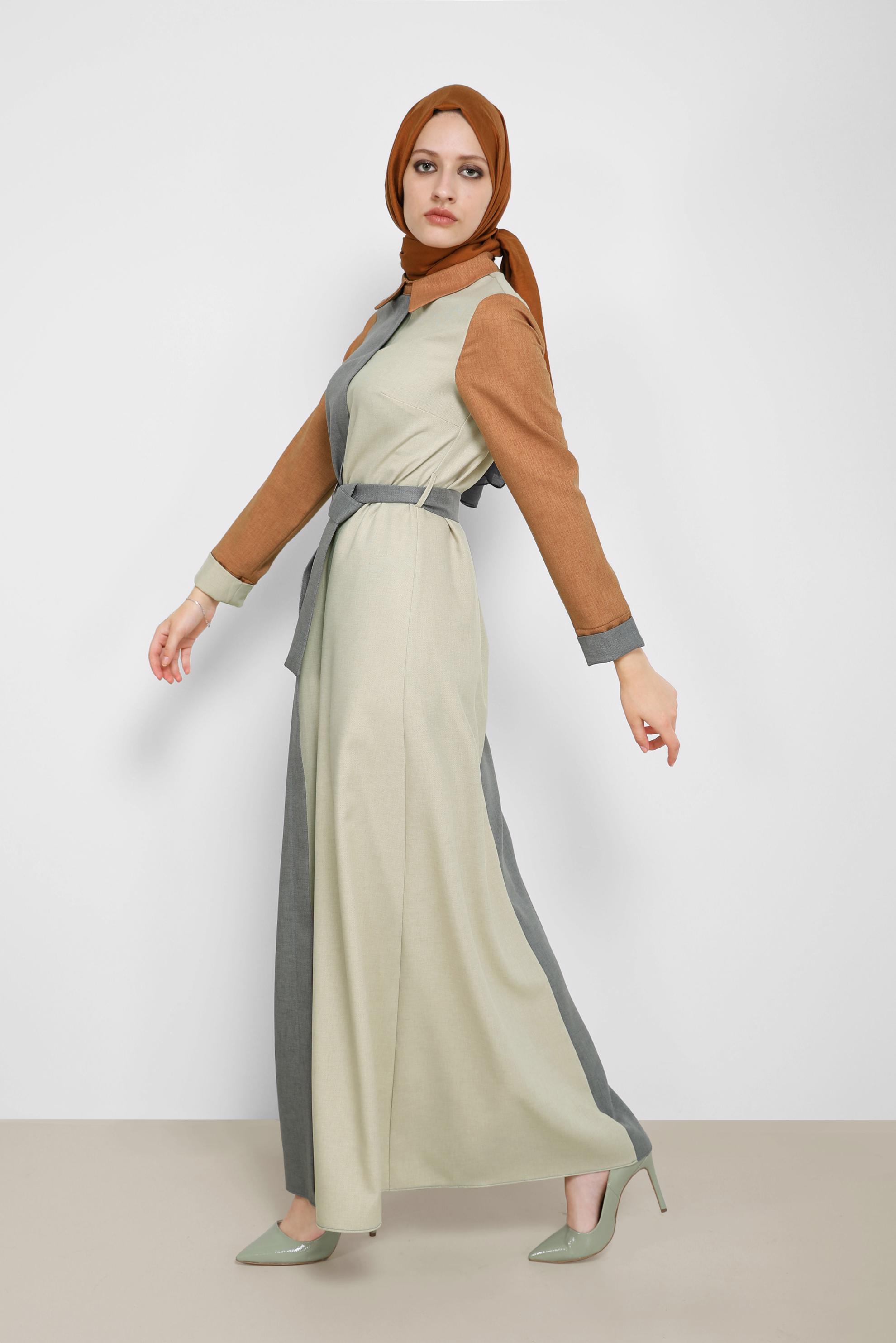 Tesettür giyim HAKİ KEMERLİ 3 RENK ELBİSE 42246 