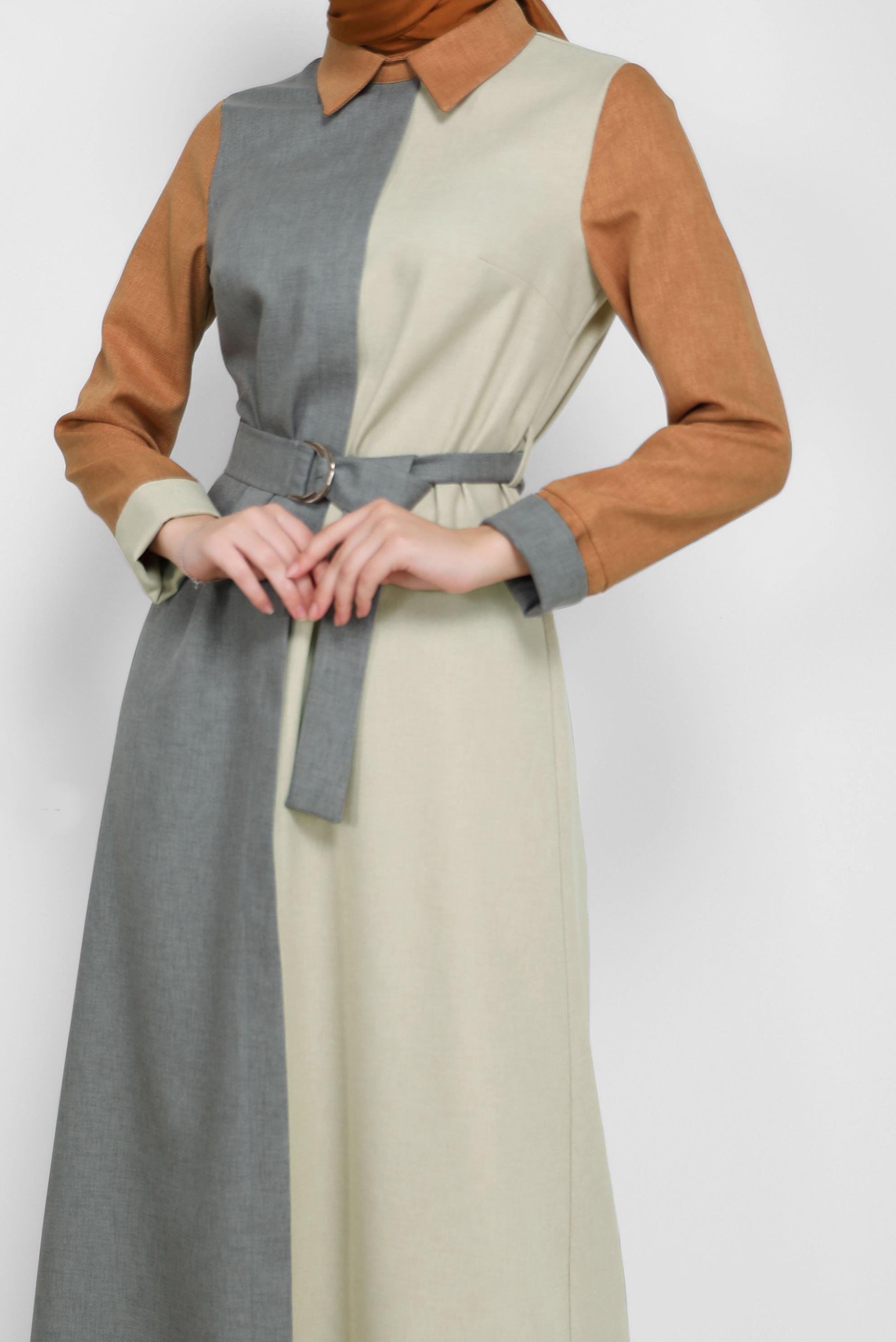 Tesettür giyim HAKİ KEMERLİ 3 RENK ELBİSE 42246 