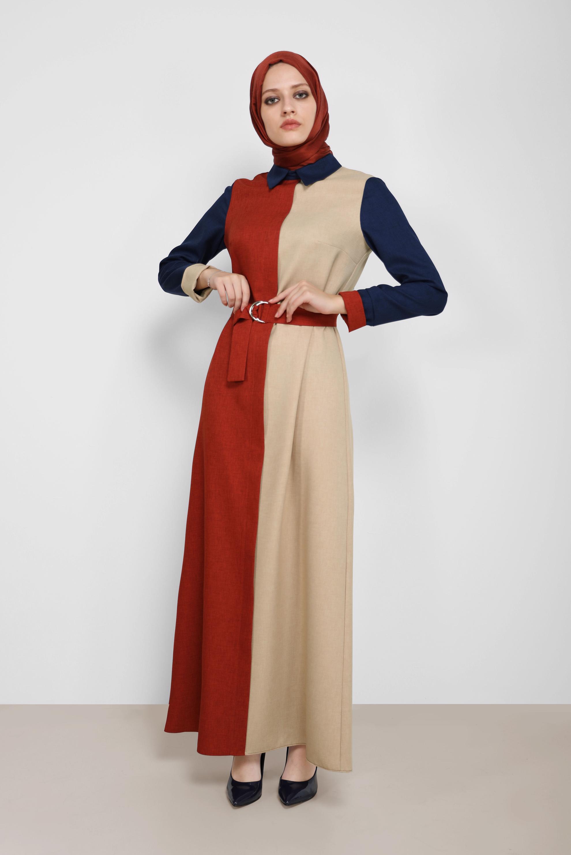 Tesettür giyim TURUNCU KEMERLİ 3 RENK ELBİSE 42246 