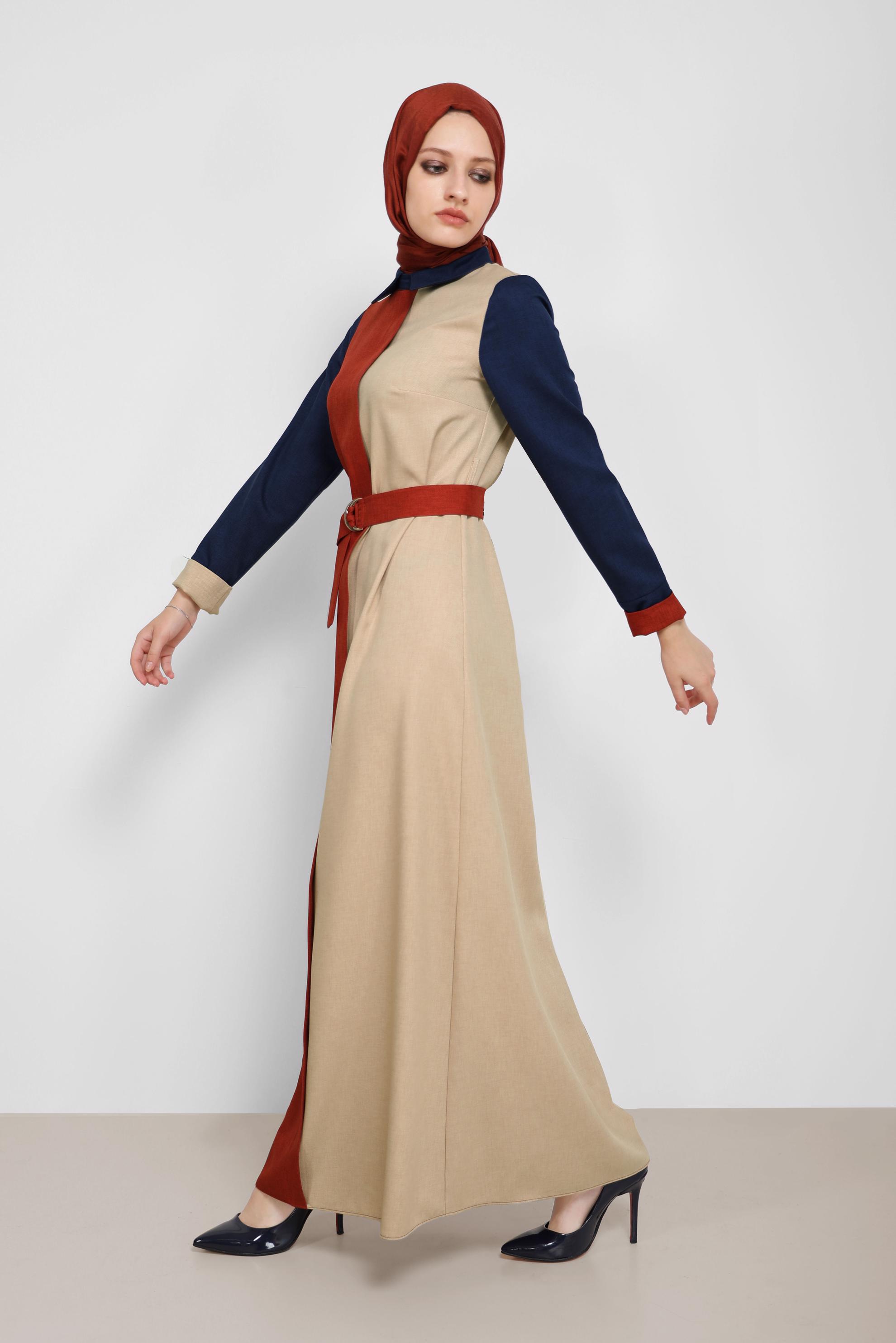 Tesettür giyim TURUNCU KEMERLİ 3 RENK ELBİSE 42246 