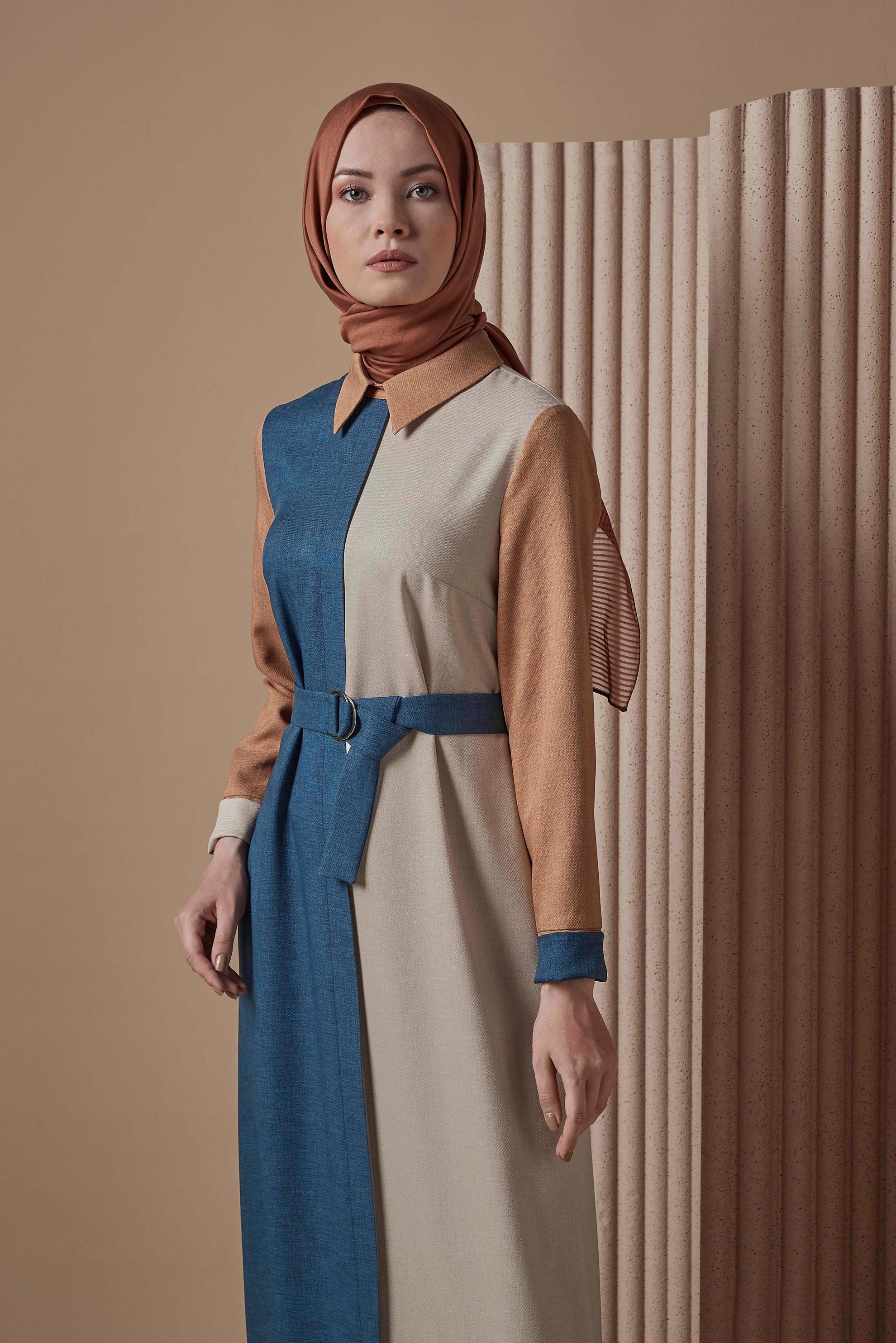 Tesettür giyim LACİVERT KEMERLİ 3 RENK ELBİSE 42246 