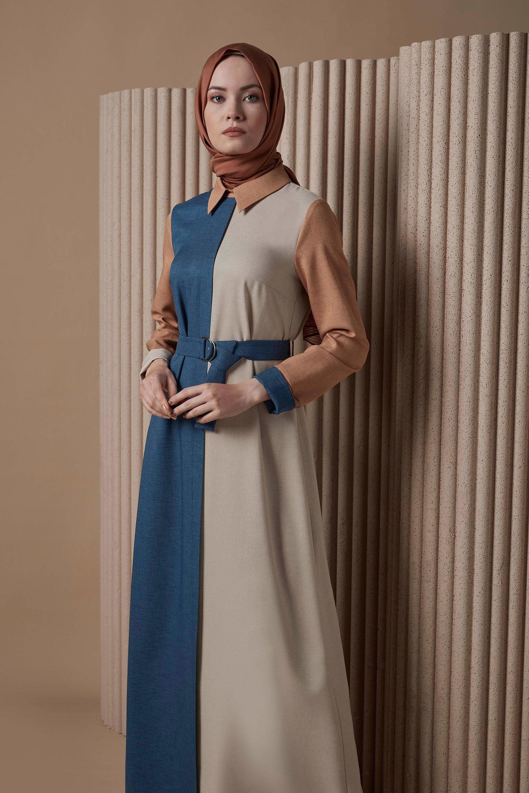 Tesettür giyim LACİVERT KEMERLİ 3 RENK ELBİSE 42246 