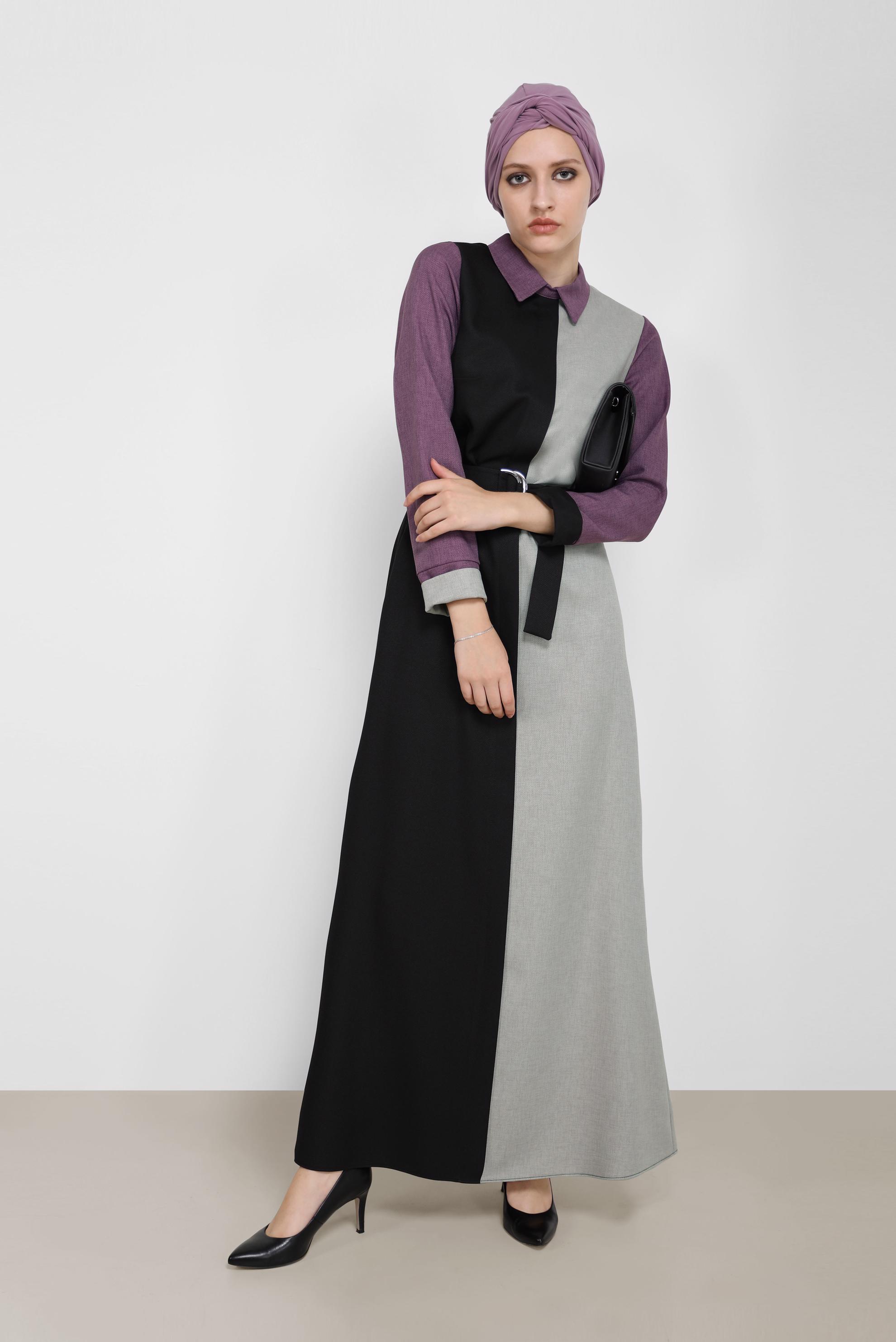 Hijab clothing PURPLE BELTED 3-COLOR DRESS 42246 