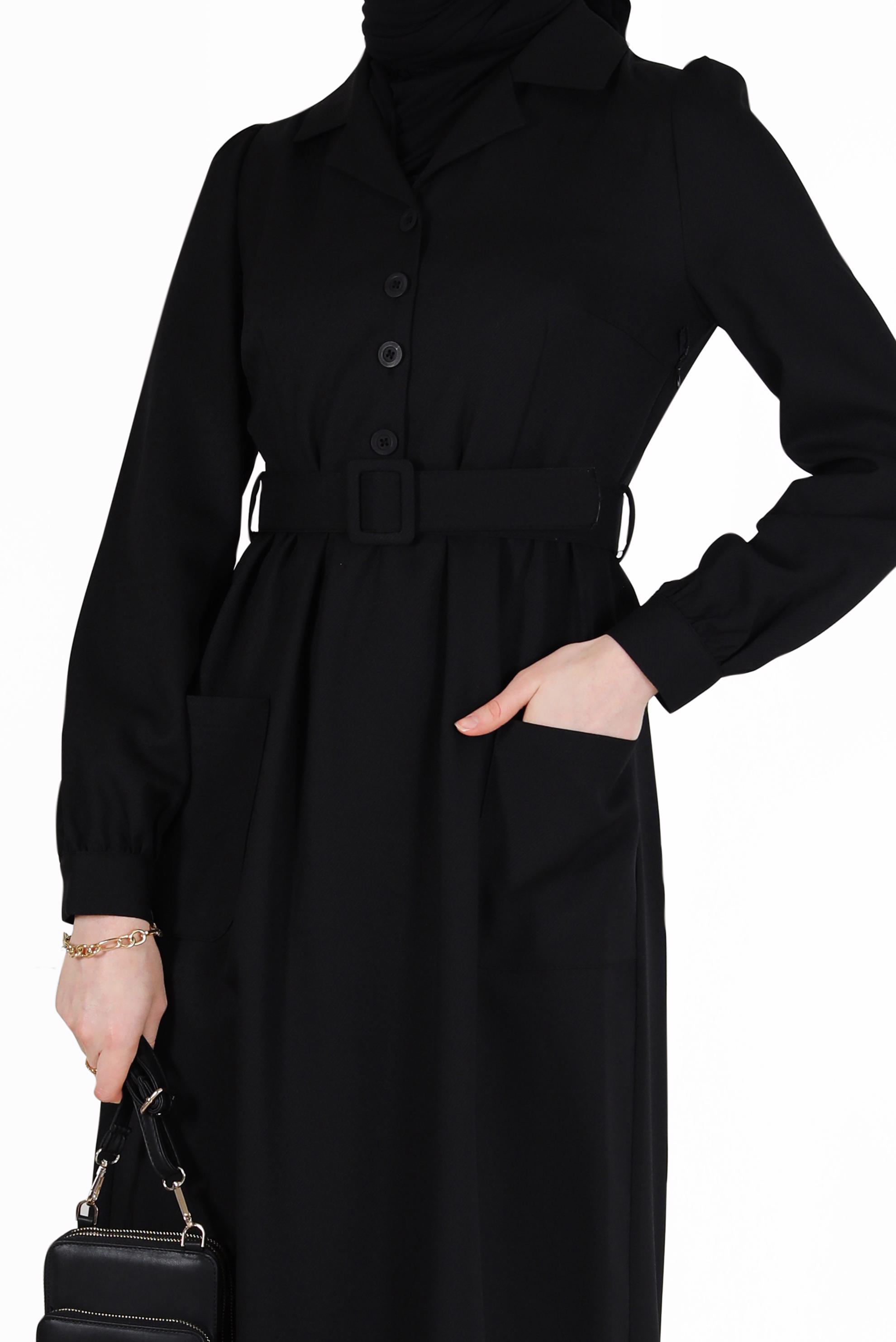 Vêtements hijab NOIR ROBE COL CLASSIQUE BOUTONNÉE AVEC CEINTURE 42247