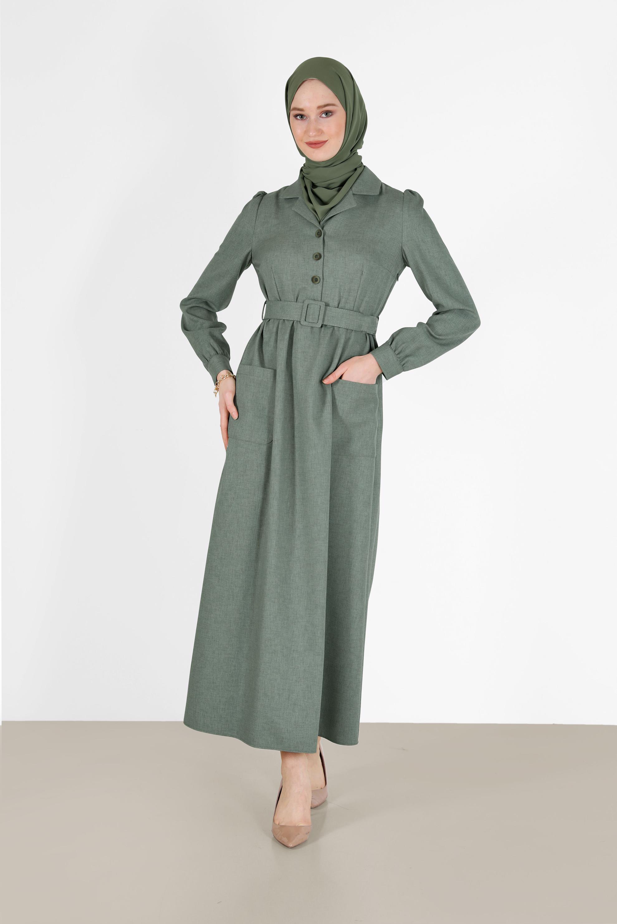 Hijab clothing KHAKI BUTTONED BELTED CLASSIC COLLAR DRESS 42247 