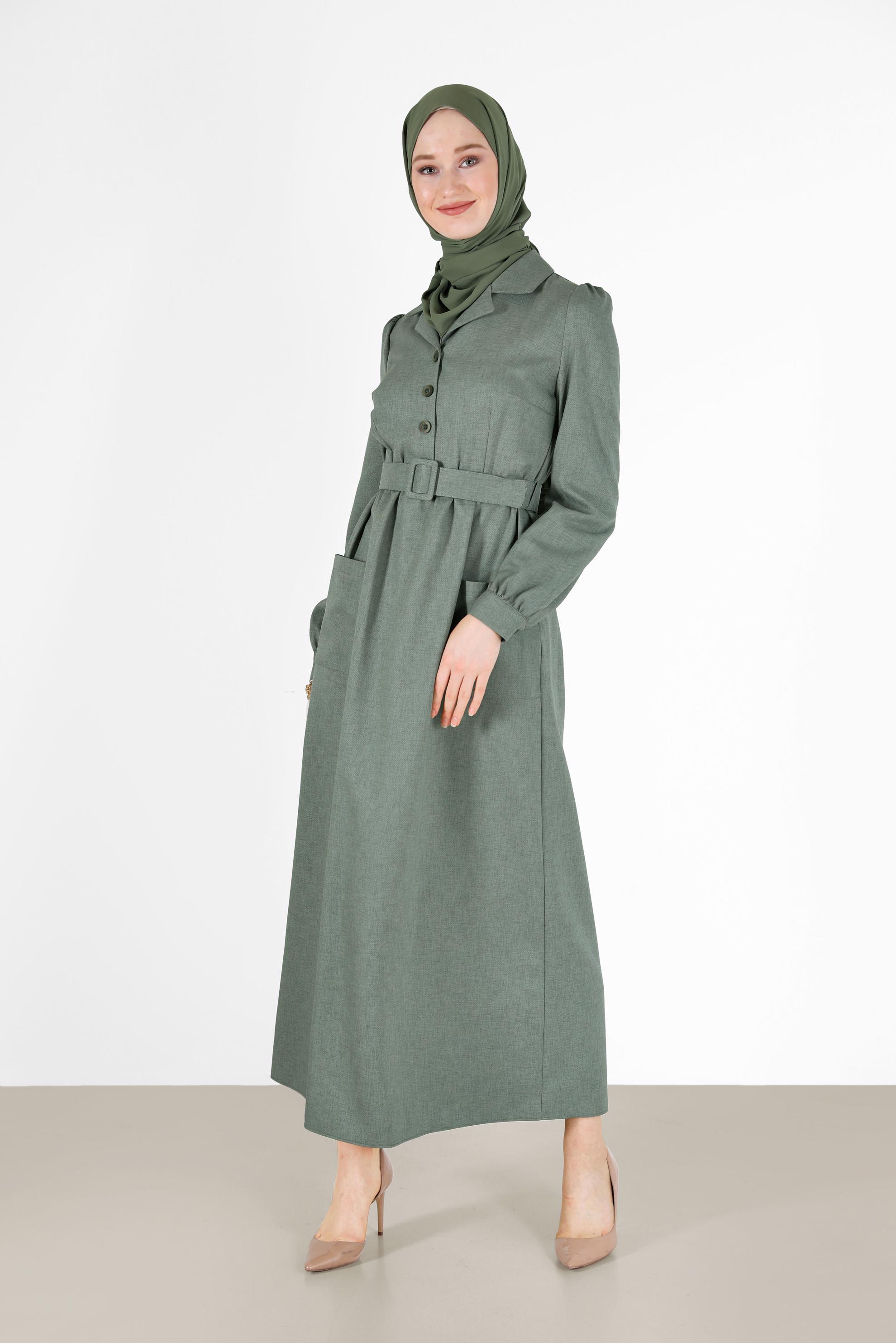 Hijab clothing KHAKI BUTTONED BELTED CLASSIC COLLAR DRESS 42247 