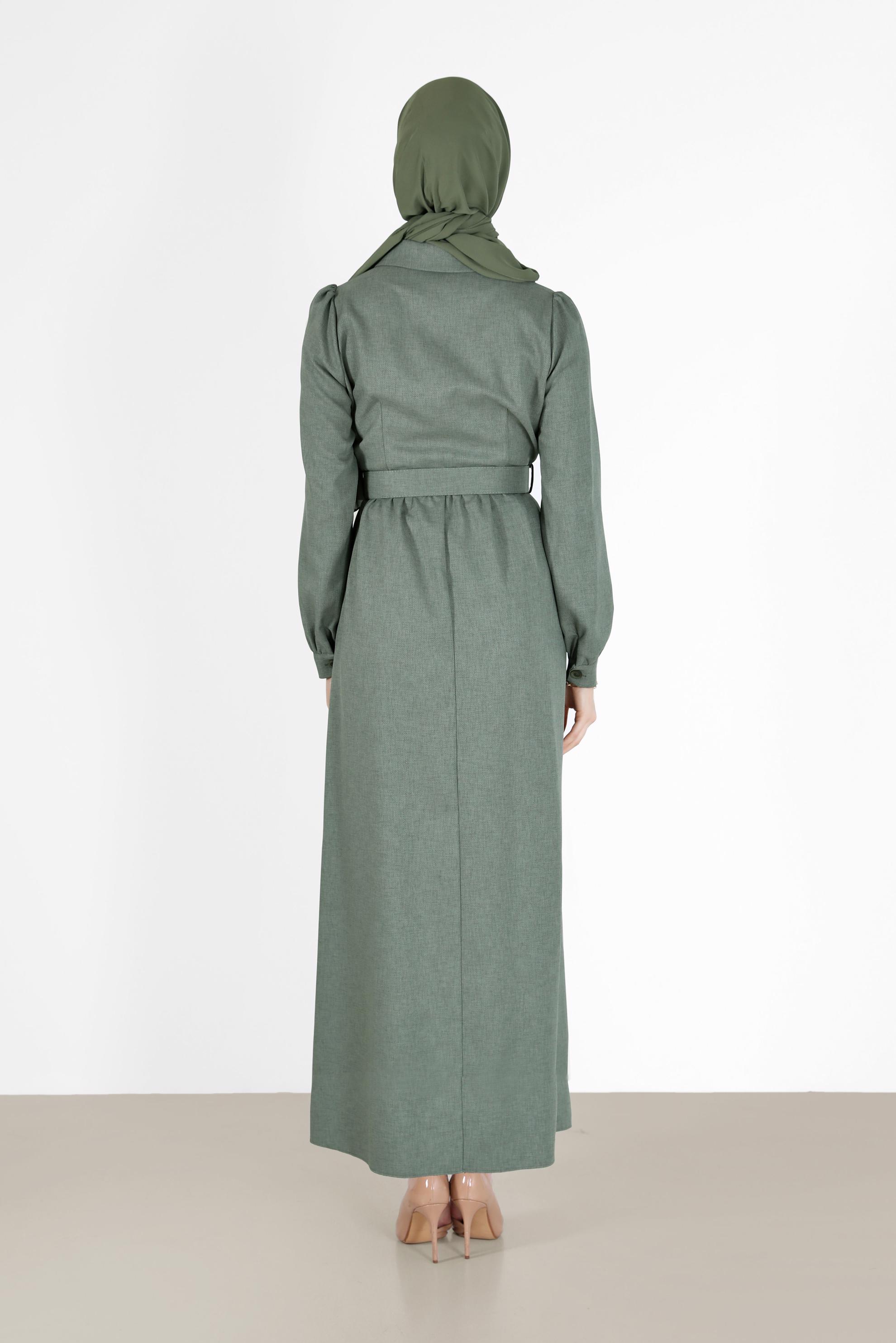Hijab clothing KHAKI BUTTONED BELTED CLASSIC COLLAR DRESS 42247 
