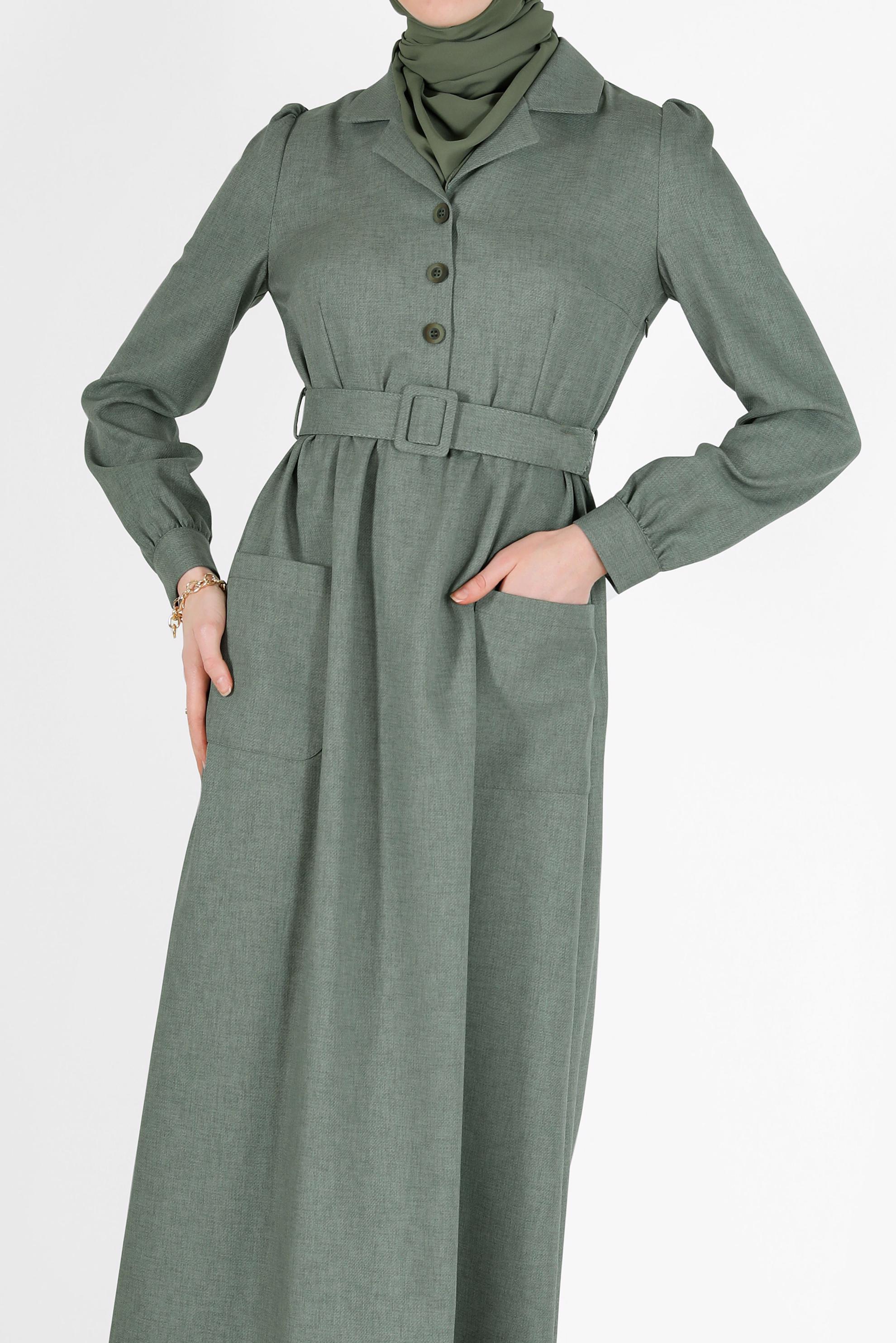 Hijab clothing KHAKI BUTTONED BELTED CLASSIC COLLAR DRESS 42247 