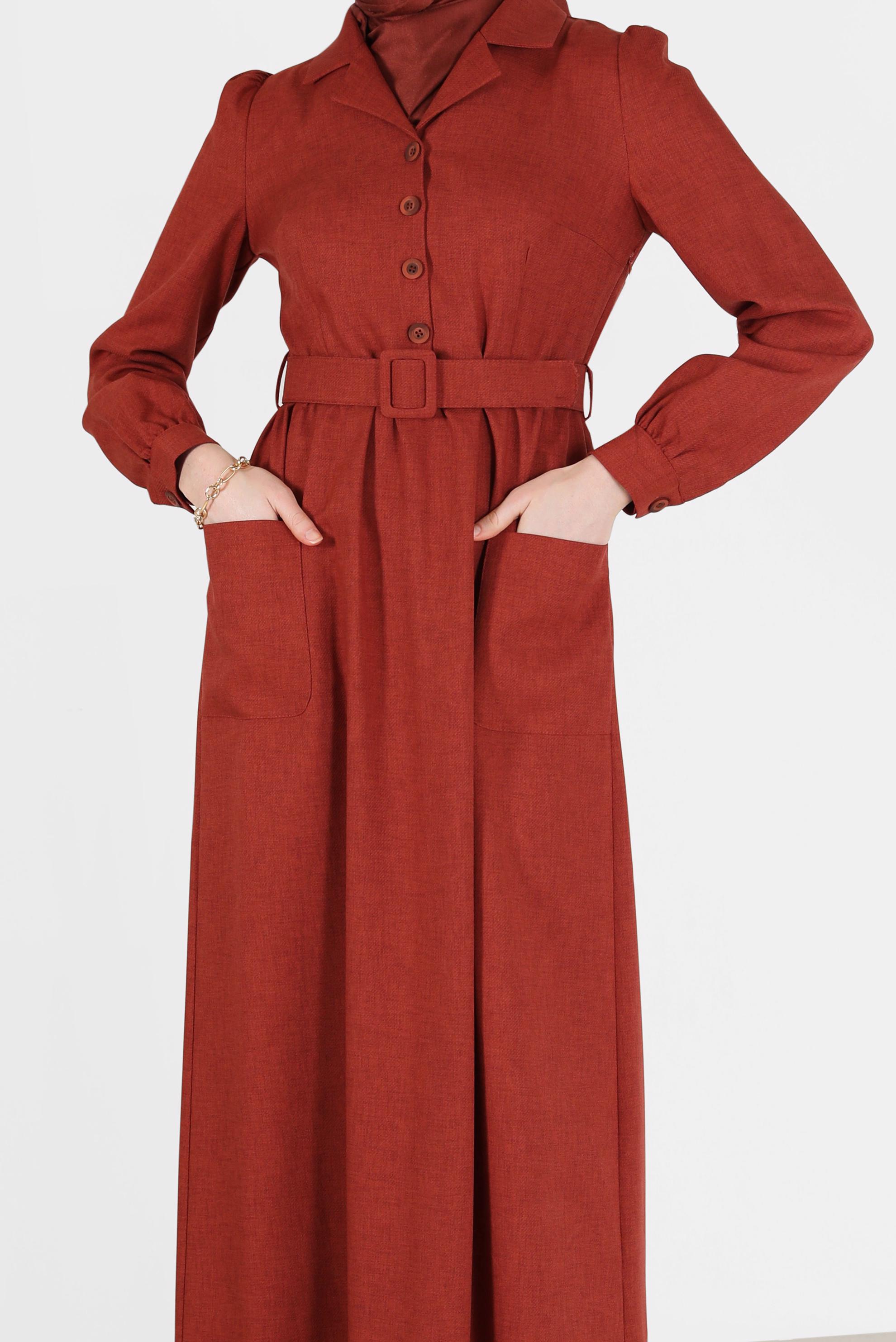 Tesettür giyim TURUNCU DÜĞMELİ KUŞAKLI KLASİK YAKA ELBİSE 42247 