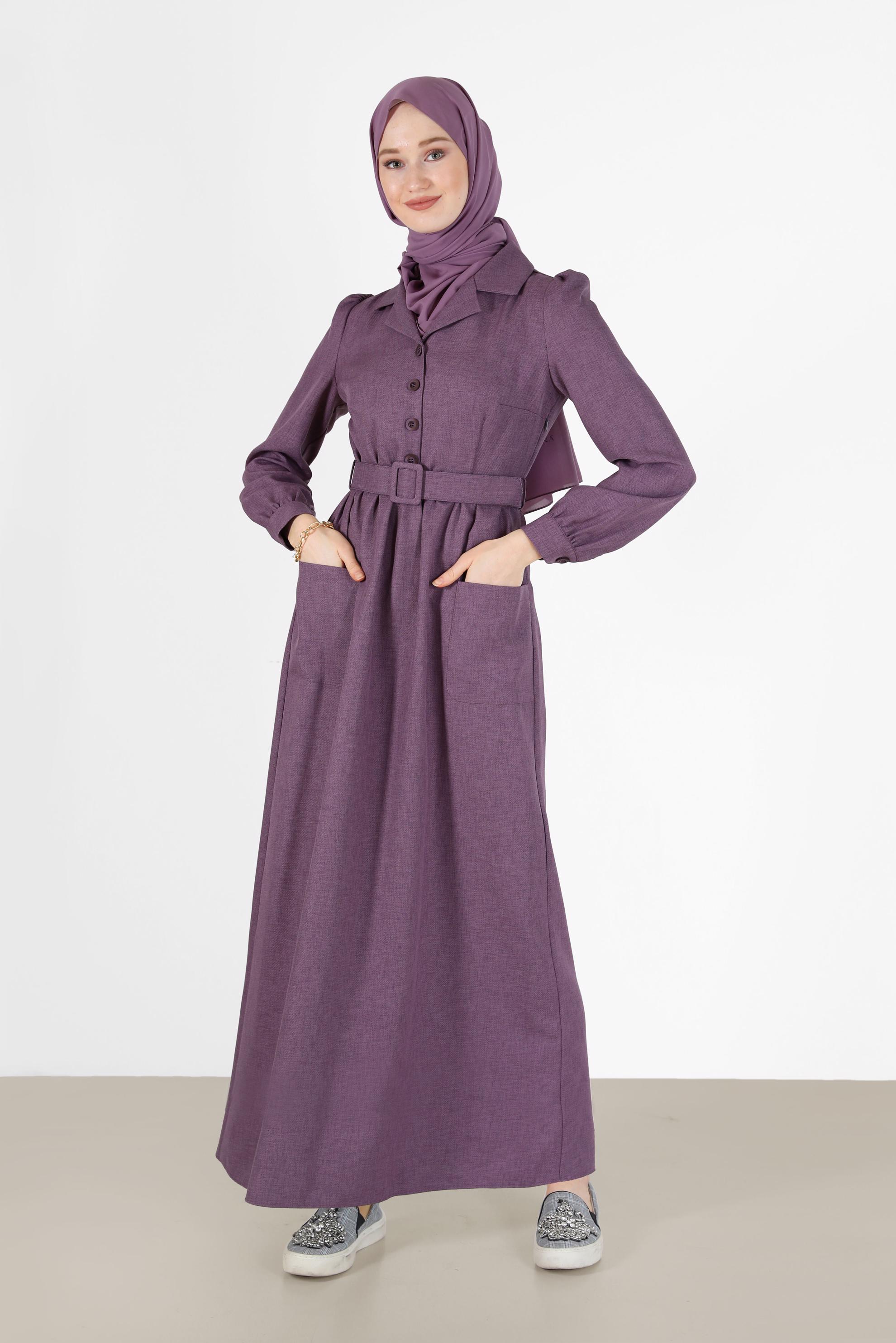 Hijab clothing PURPLE BUTTONED BELTED CLASSIC COLLAR DRESS 42247 