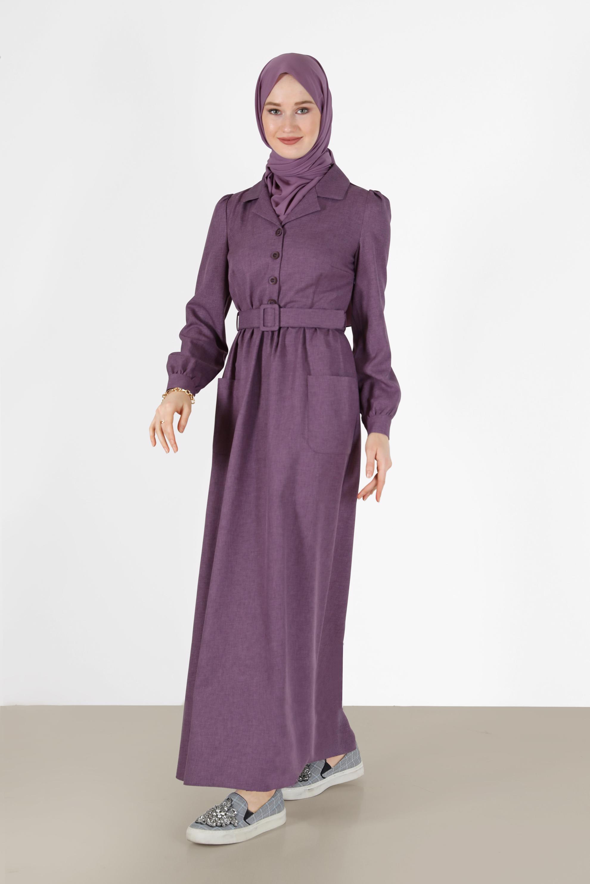 Hijab clothing PURPLE BUTTONED BELTED CLASSIC COLLAR DRESS 42247 