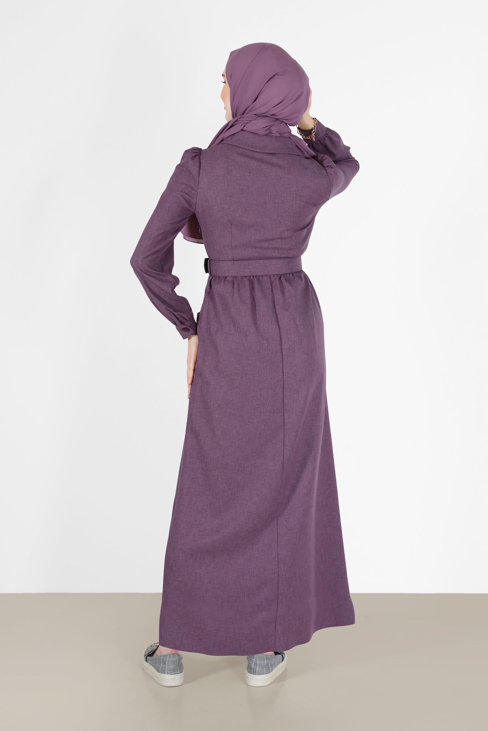 Hijab clothing PURPLE BUTTONED BELTED CLASSIC COLLAR DRESS 42247 