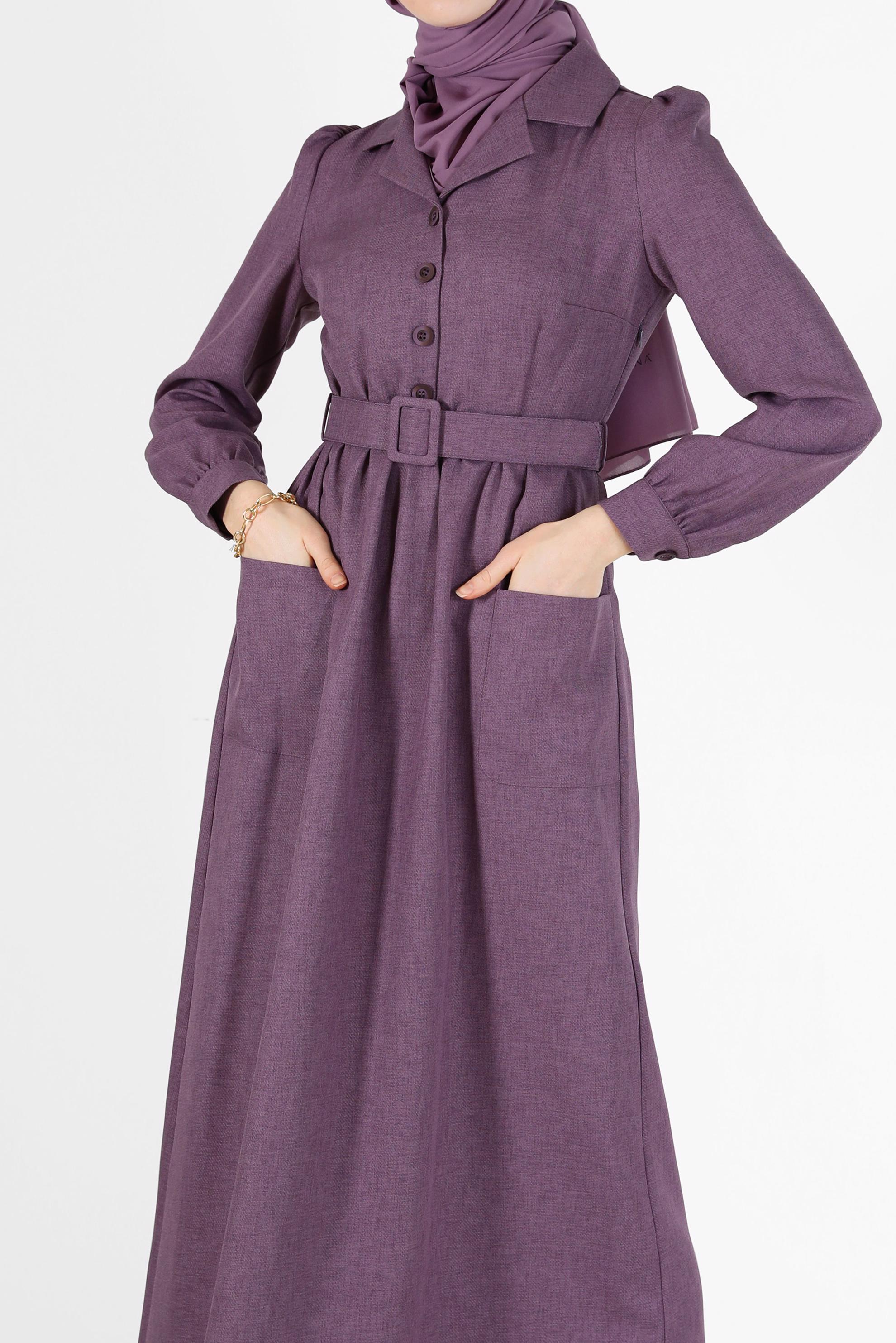 Hijab clothing PURPLE BUTTONED BELTED CLASSIC COLLAR DRESS 42247 