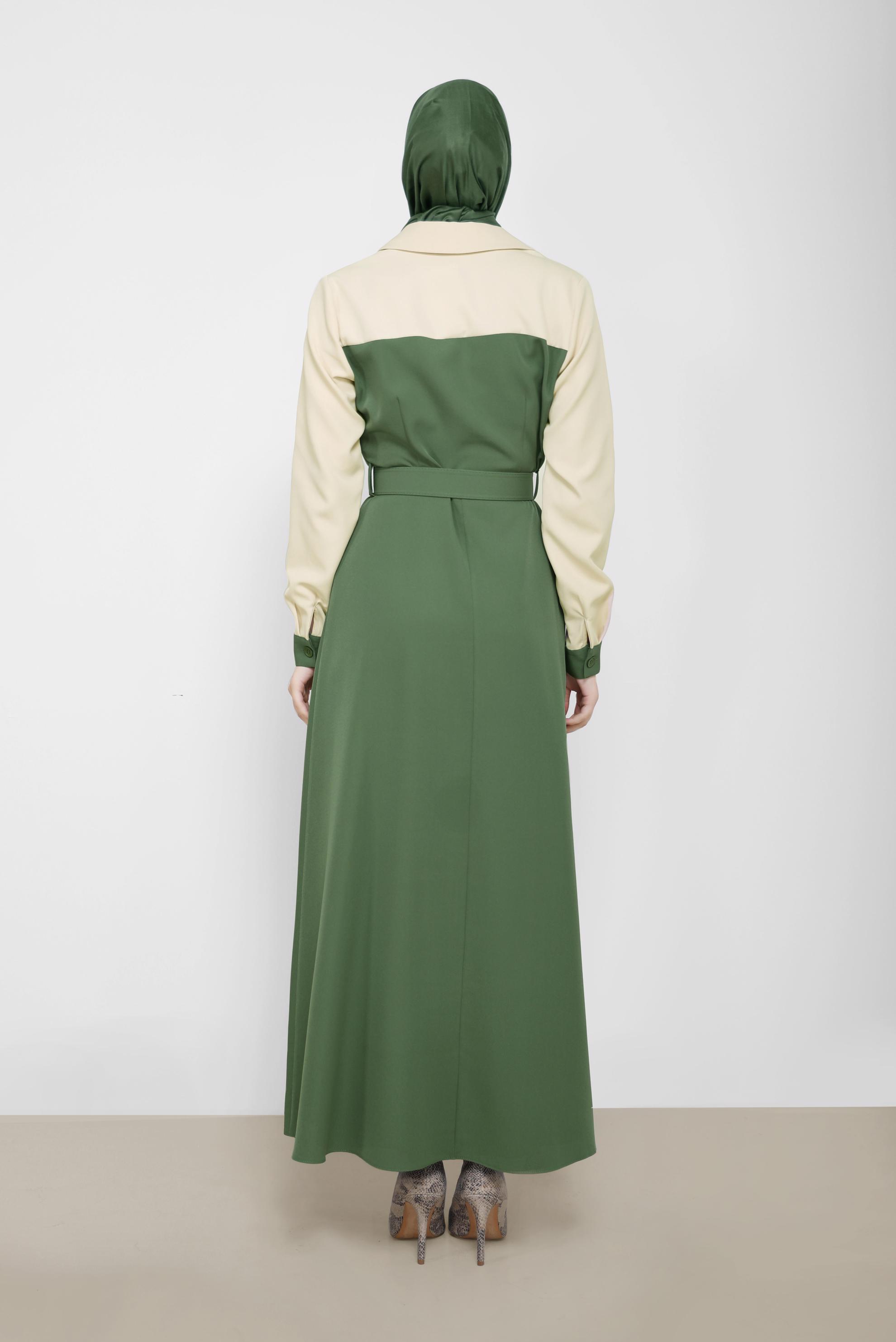 Tesettür giyim YEŞİL KEMERLİ İKİ RENKLİ KLASİK YAKA ELBİSE 42248