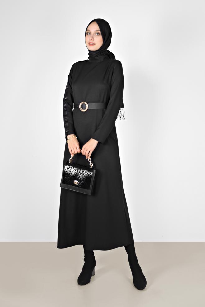 Vêtements hijab  ROBE DÉTAILS EN CUIR AVEC BOUTON 42252 - ALVİNA
